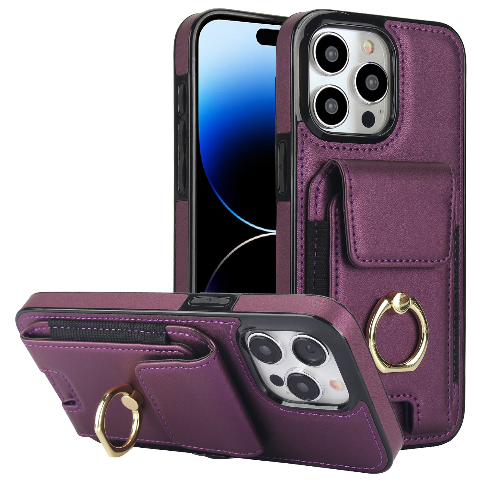 For iPhone 14 Pro Cover TPU Phone Protective Case Leather Card Holder with Ring Kickstand