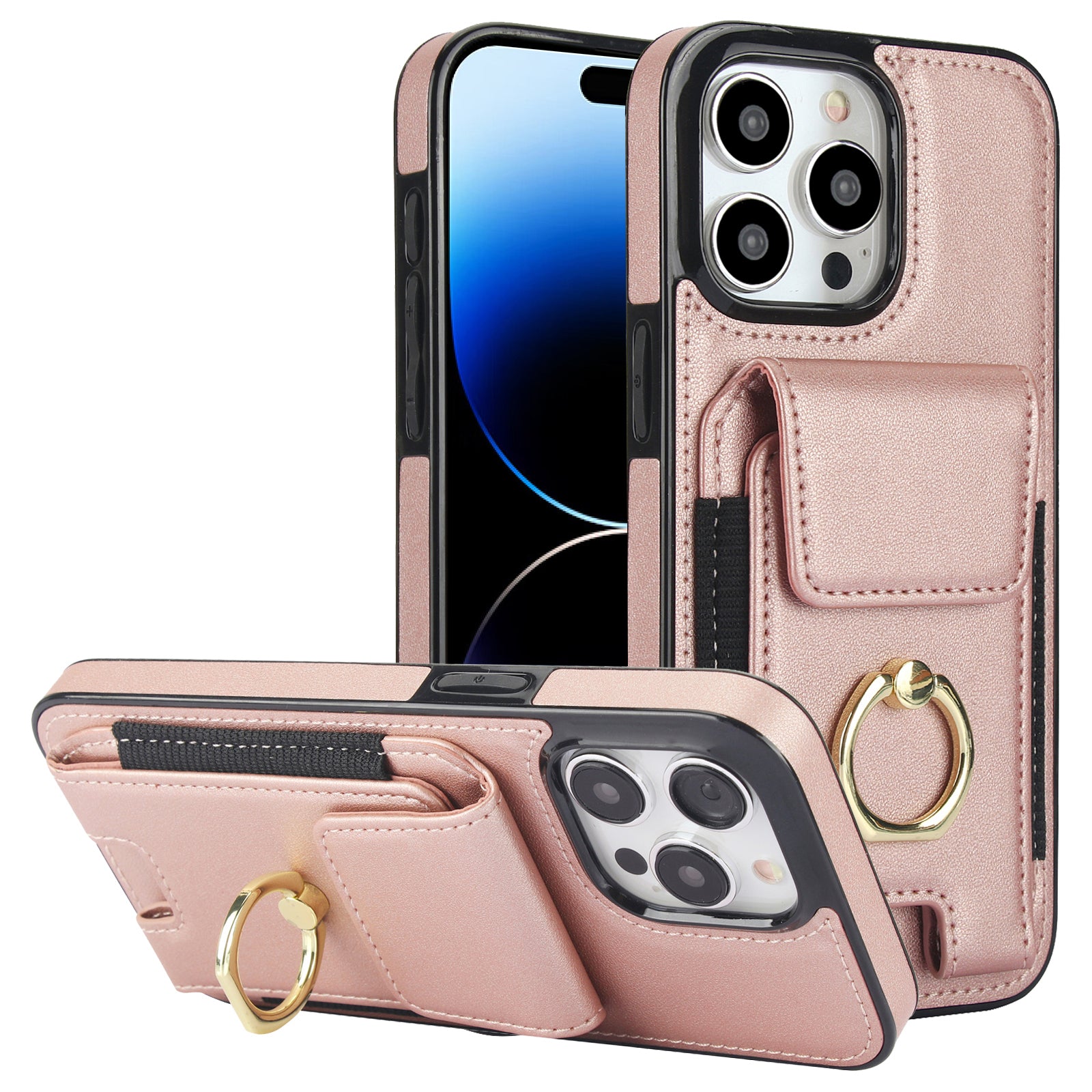 For iPhone 14 Pro Max Case Card Holder Kickstand Leather Coated TPU Phone Cover