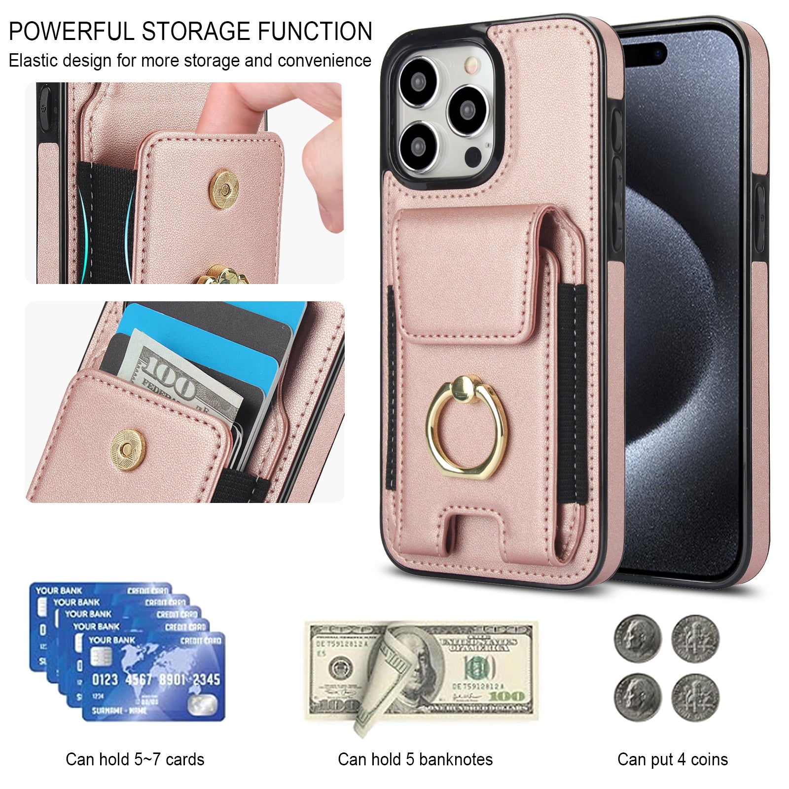 For iPhone 14 Pro Max Case Card Holder Kickstand Leather Coated TPU Phone Cover