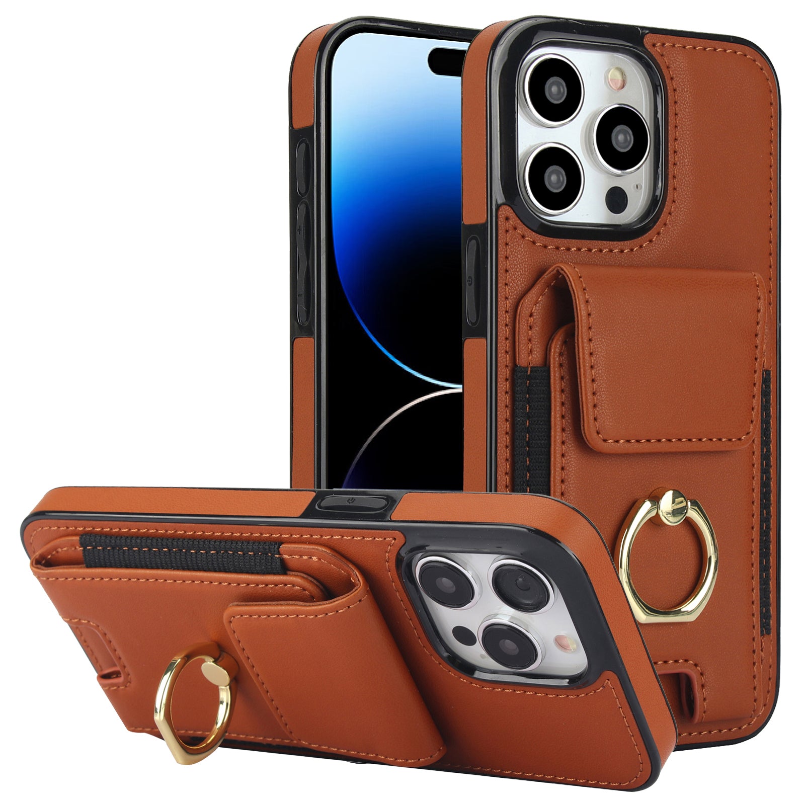 For iPhone 14 Pro Max Case Card Holder Kickstand Leather Coated TPU Phone Cover