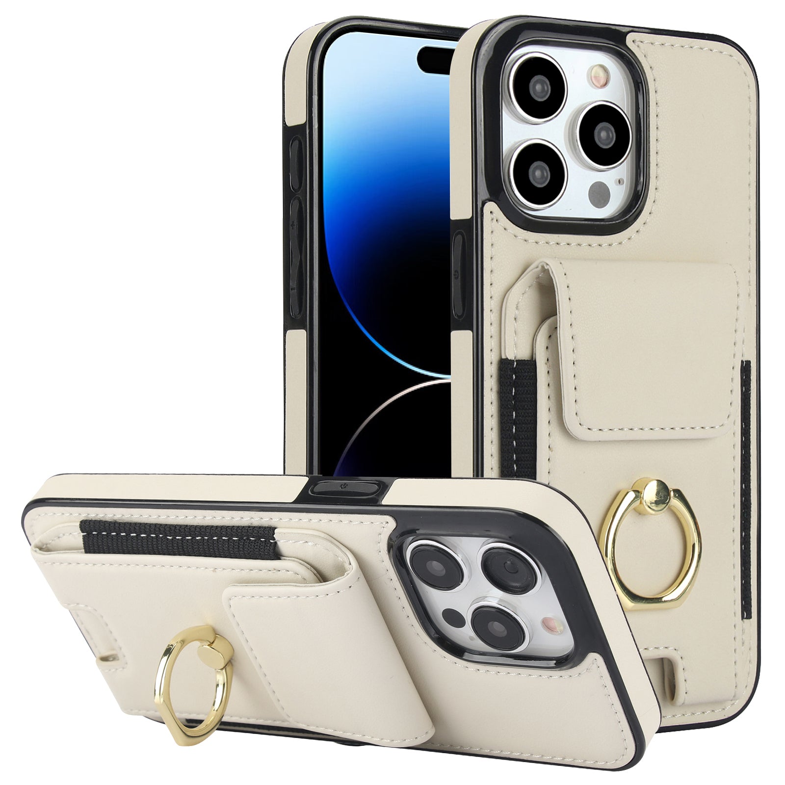 For iPhone 14 Pro Max Case Card Holder Kickstand Leather Coated TPU Phone Cover