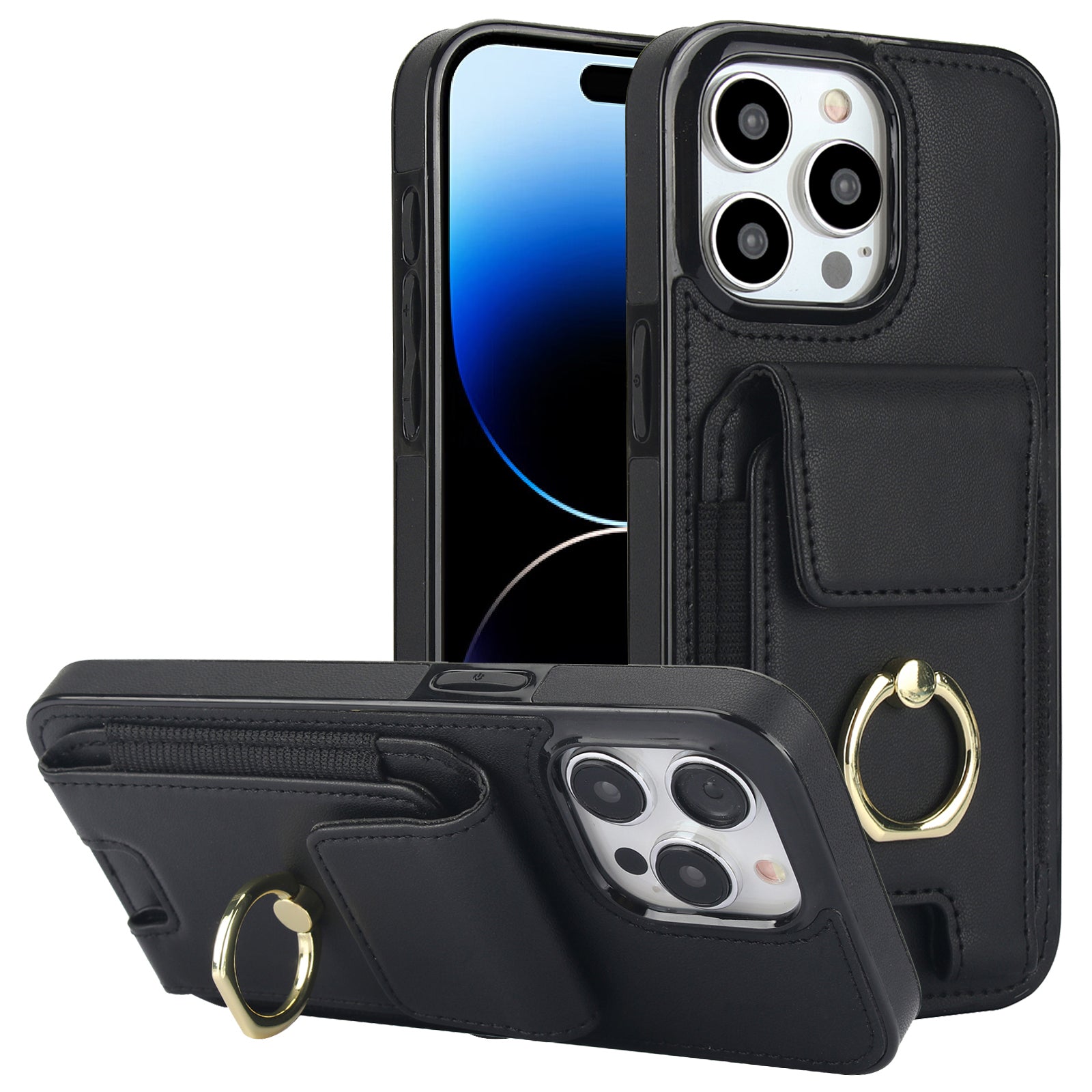 For iPhone 14 Pro Max Case Card Holder Kickstand Leather Coated TPU Phone Cover
