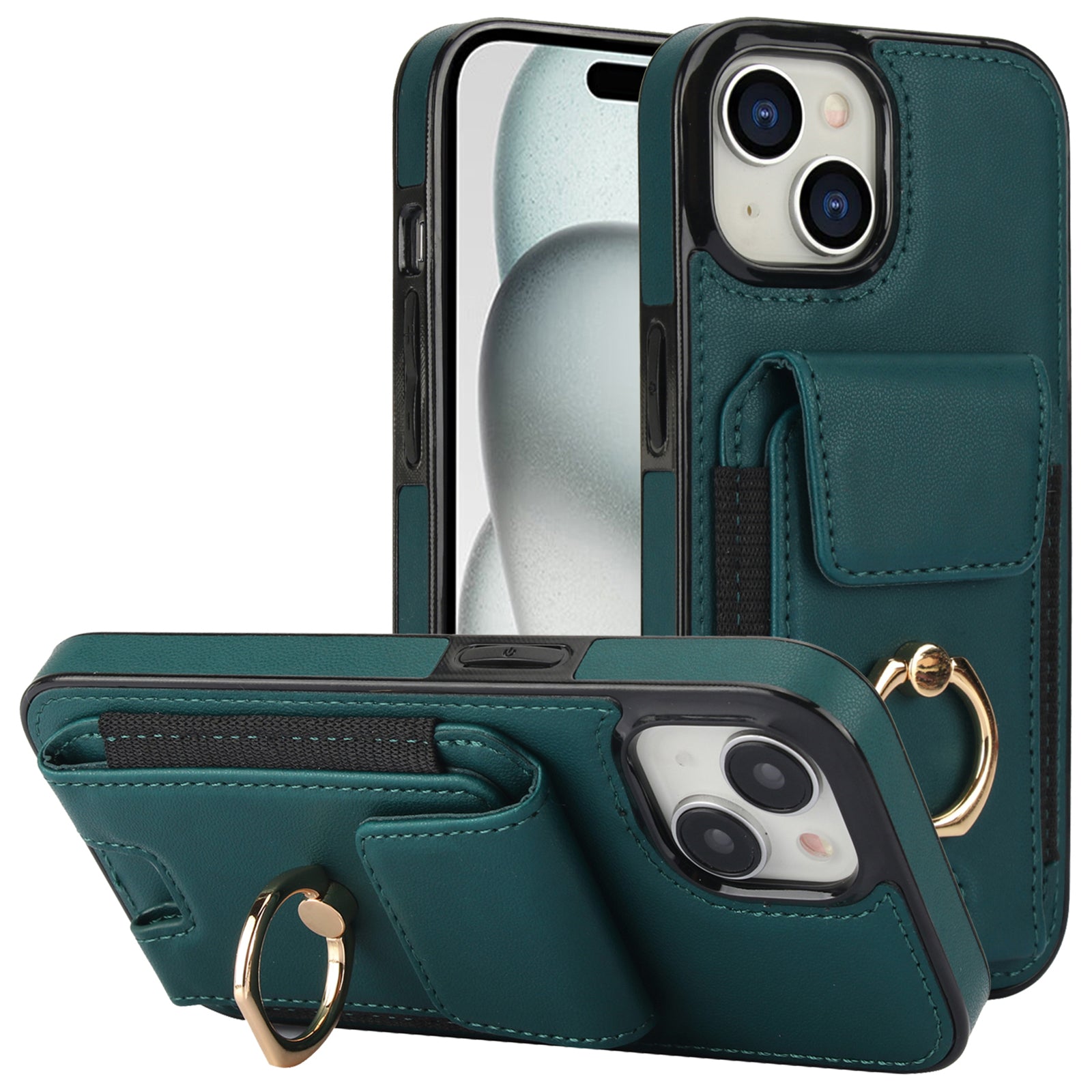 For iPhone 15 Kickstand Case Leather + TPU Phone Cover with Card Holder