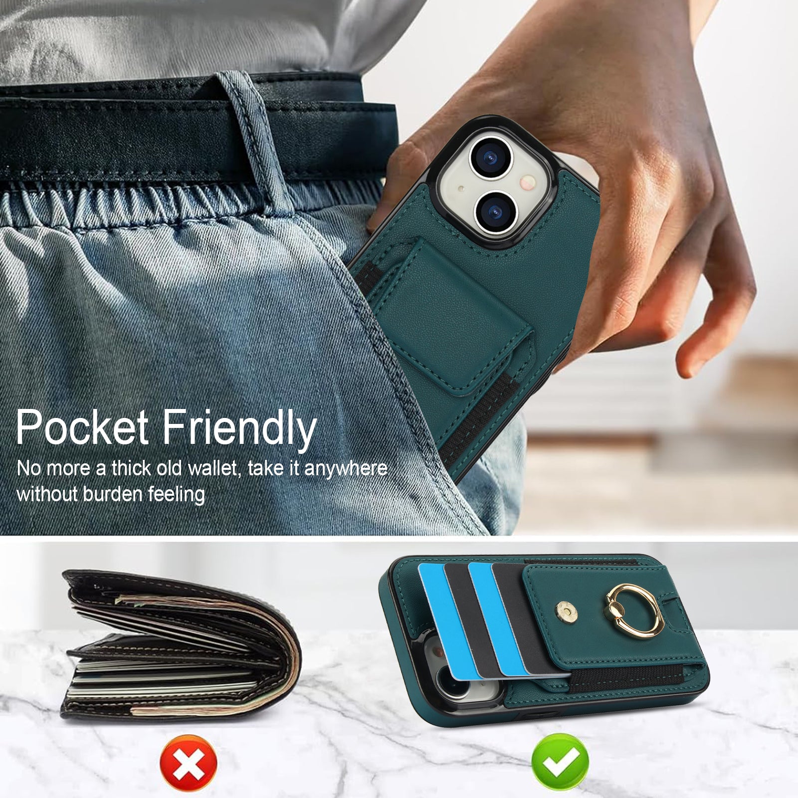 For iPhone 15 Kickstand Case Leather + TPU Phone Cover with Card Holder