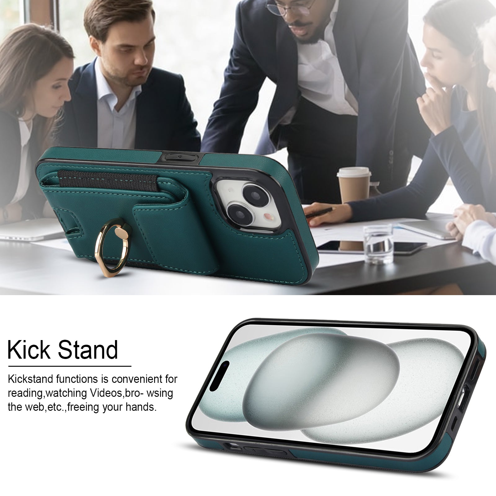 For iPhone 15 Kickstand Case Leather + TPU Phone Cover with Card Holder