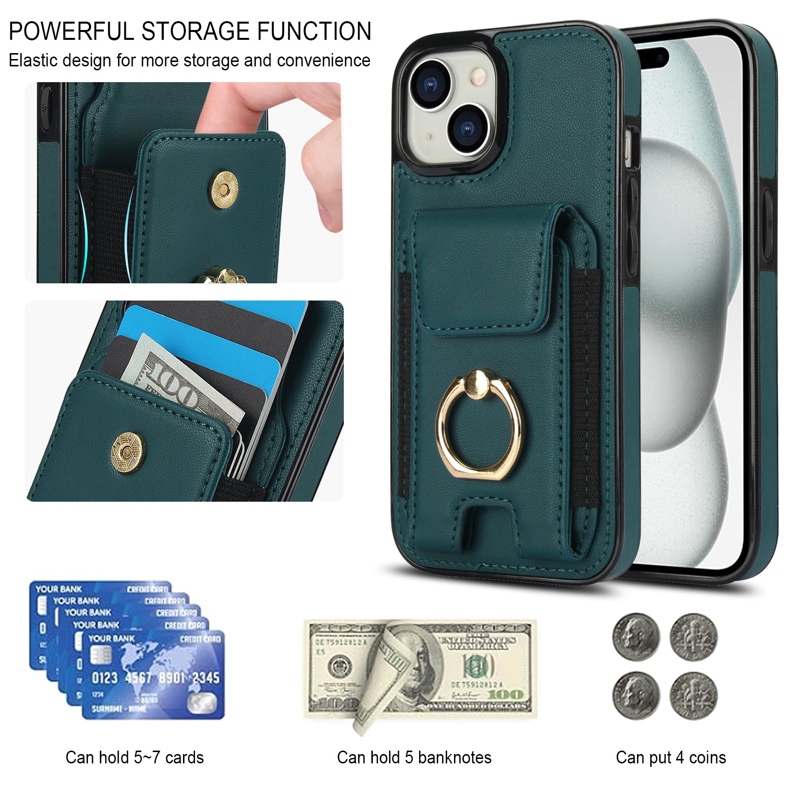 For iPhone 15 Kickstand Case Leather + TPU Phone Cover with Card Holder