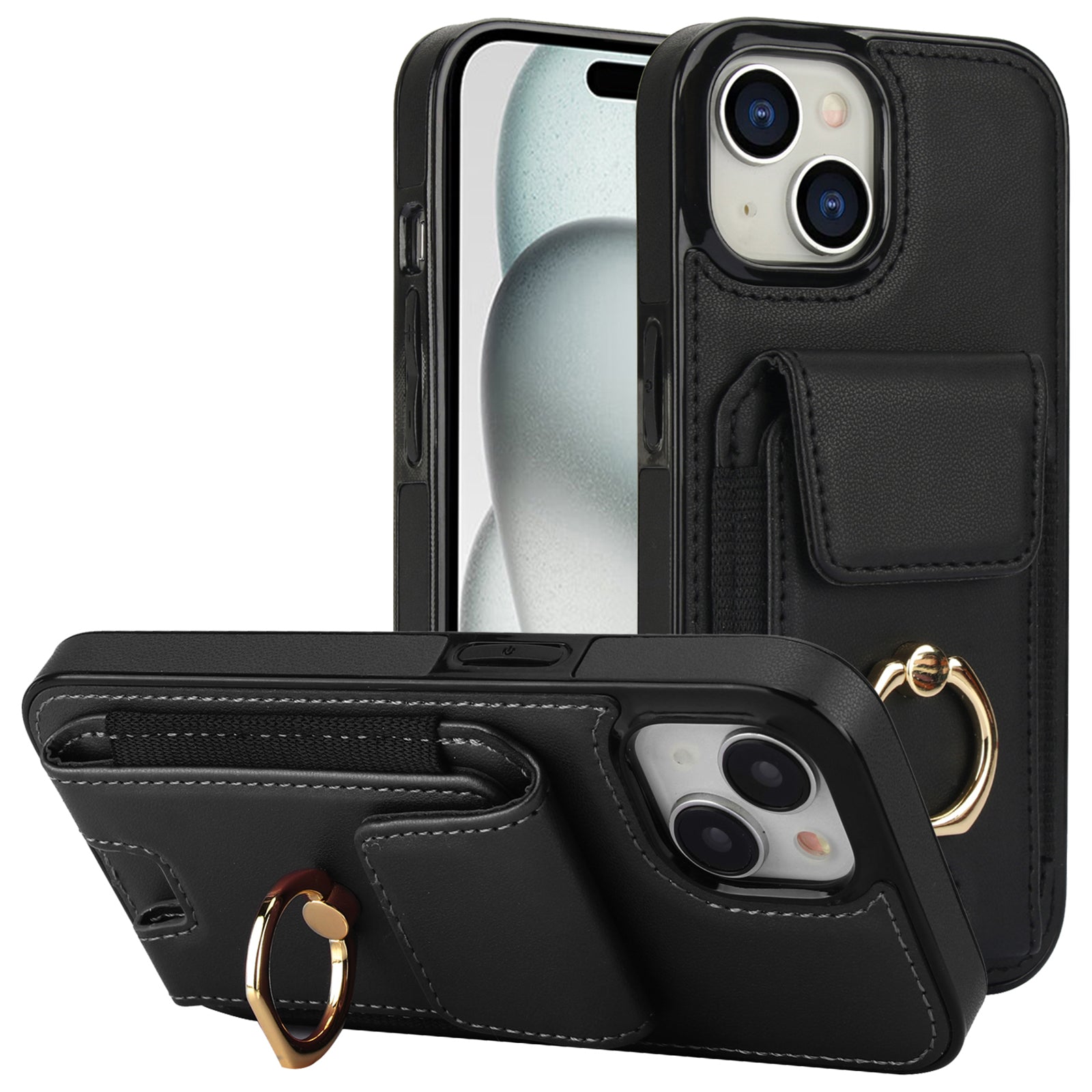 For iPhone 15 Kickstand Case Leather + TPU Phone Cover with Card Holder