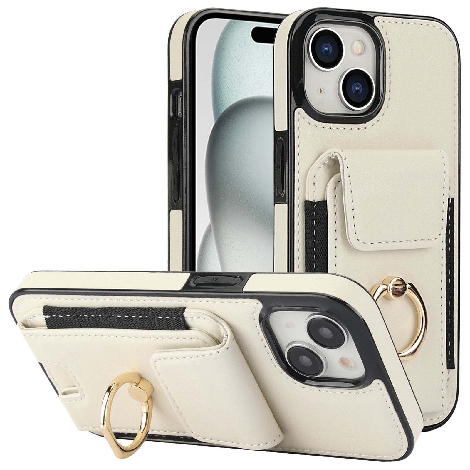 For iPhone 15 Kickstand Case Leather + TPU Phone Cover with Card Holder