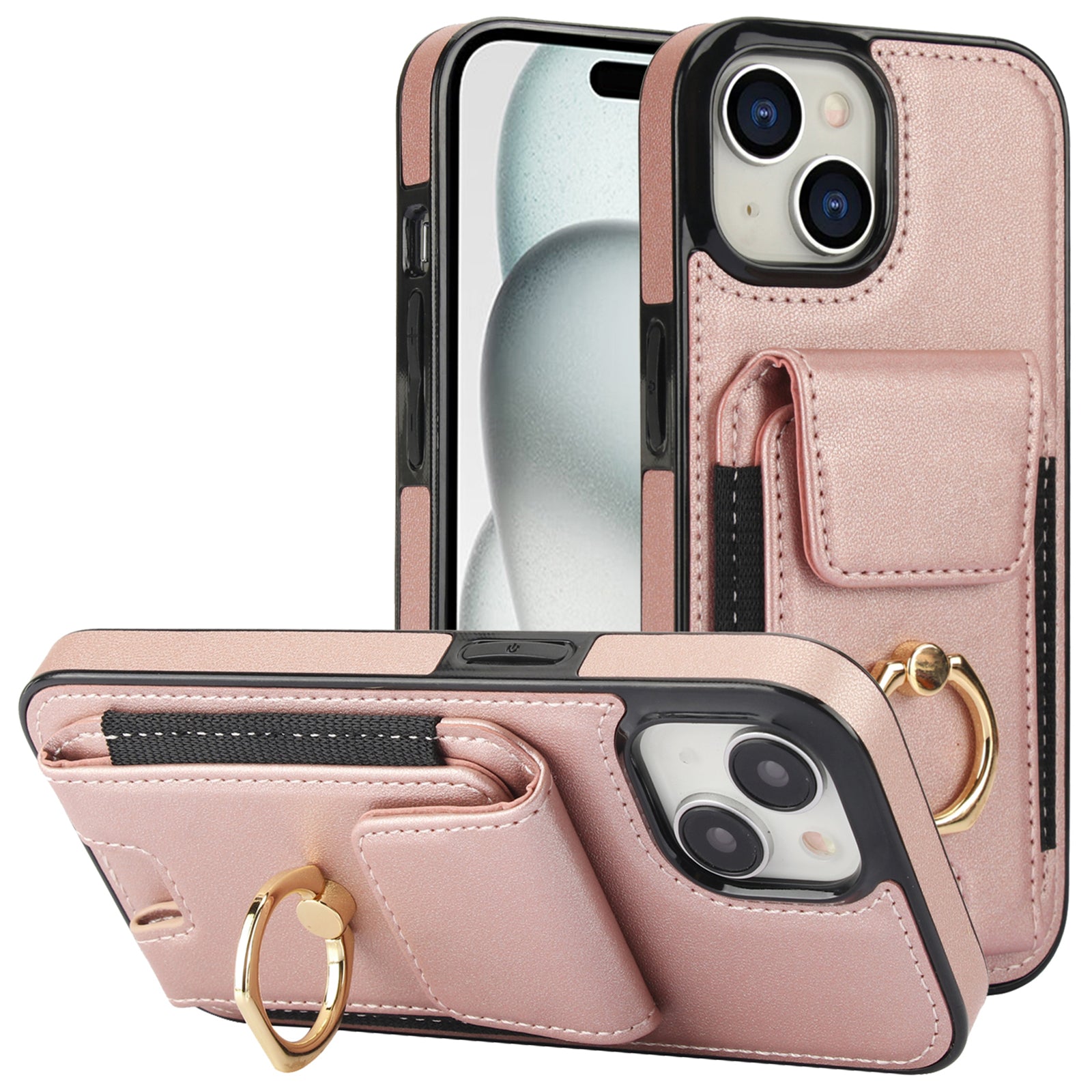 For iPhone 15 Kickstand Case Leather + TPU Phone Cover with Card Holder