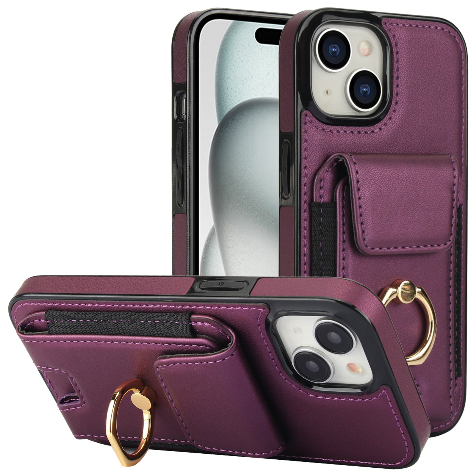 For iPhone 15 Kickstand Case Leather + TPU Phone Cover with Card Holder