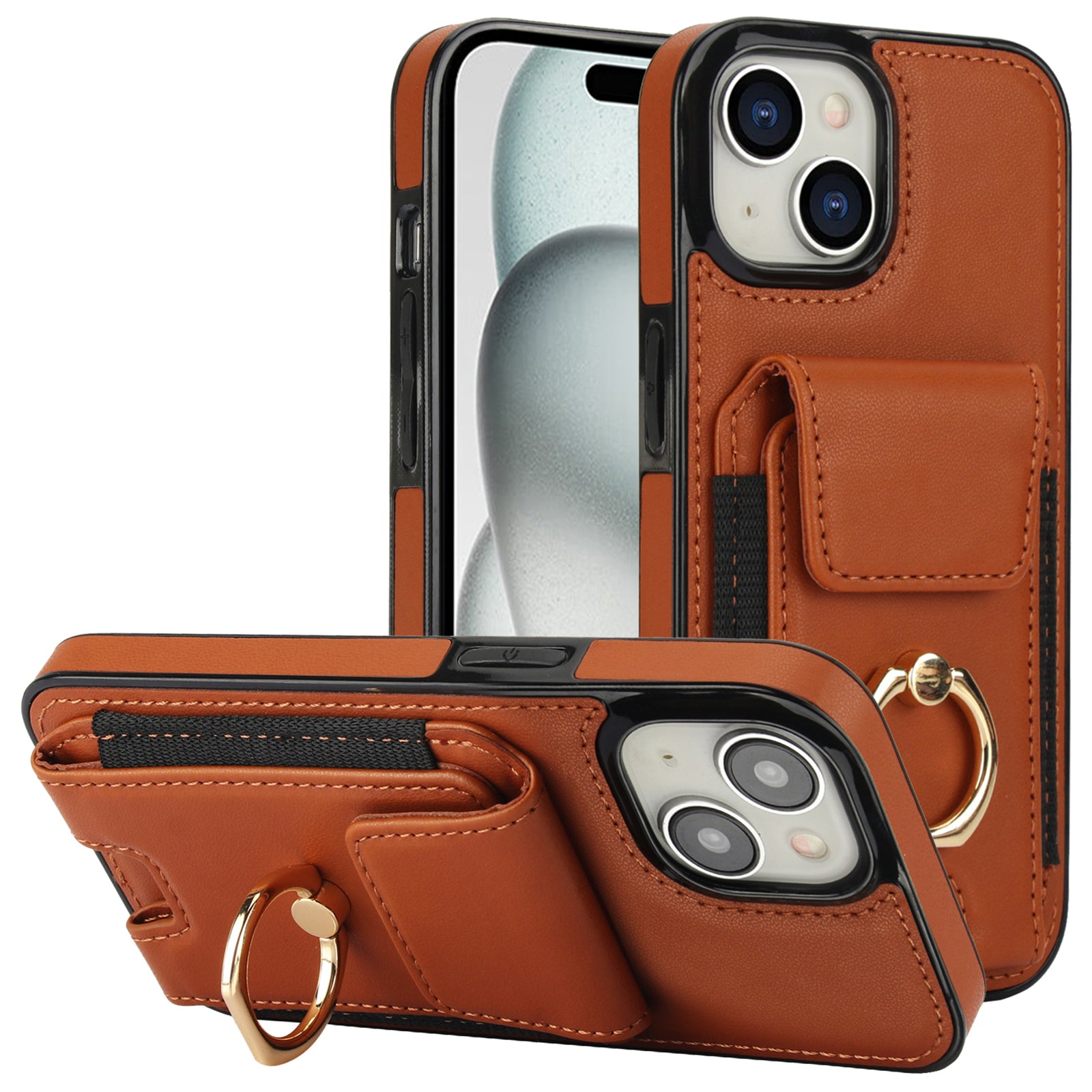 For iPhone 15 Kickstand Case Leather + TPU Phone Cover with Card Holder