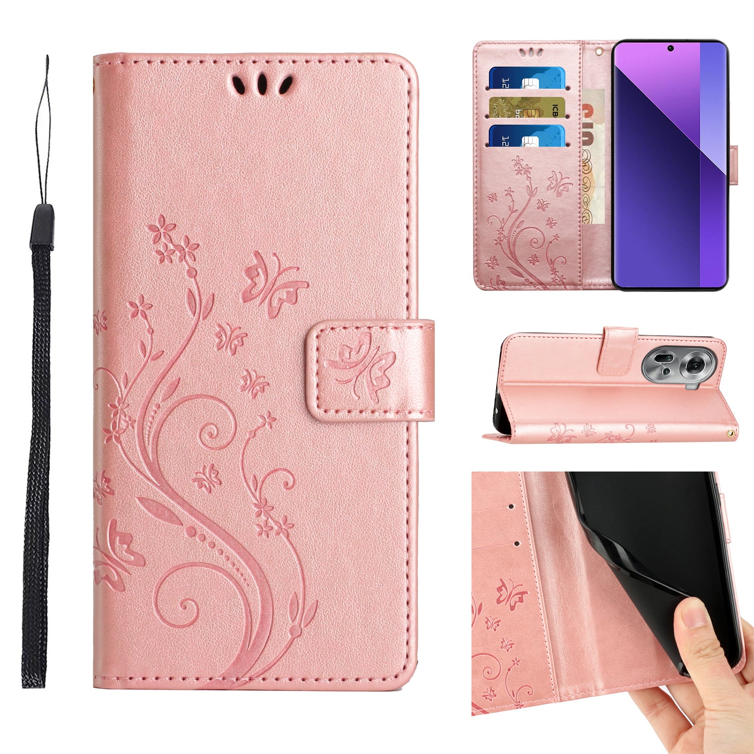 For Oppo Reno11 5G (Global) Wallet Case Butterfly Pattern PU Leather Phone Cover