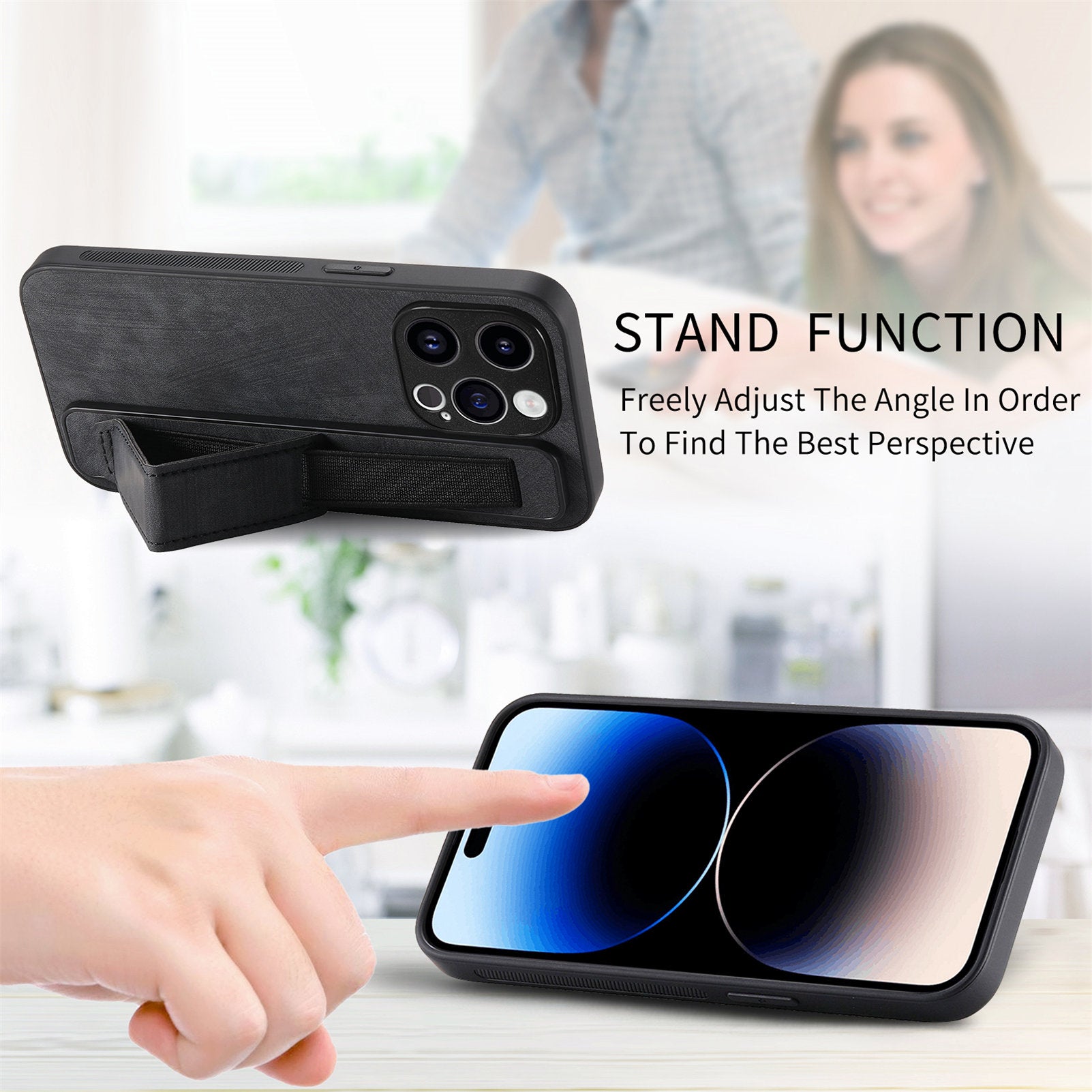 D11 For iPhone 14 Pro Max Wristband Case PU Leather+TPU Phone Shell