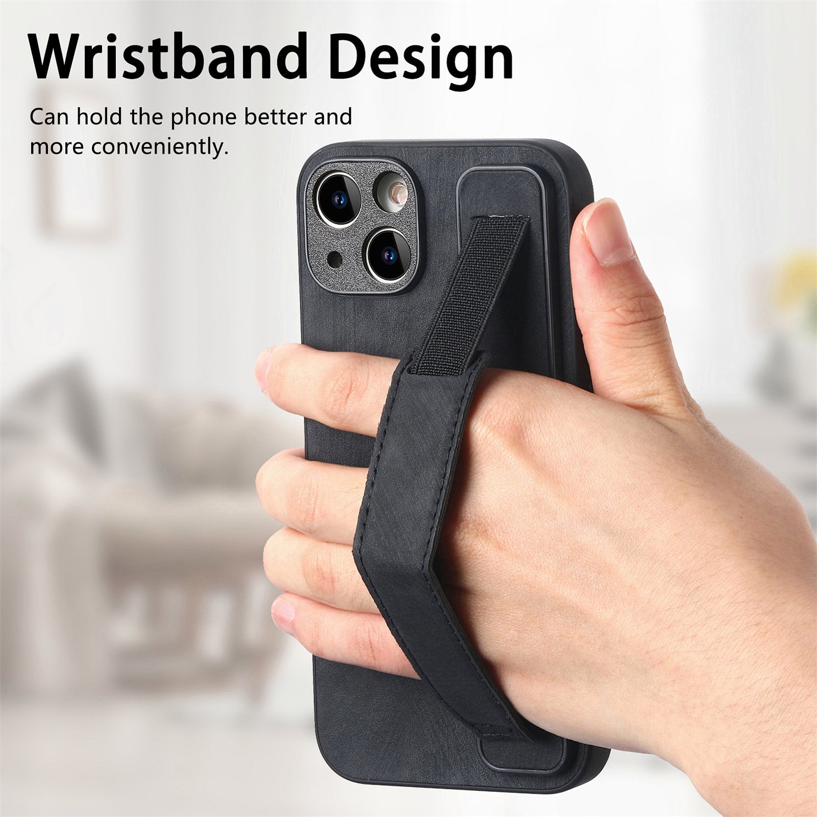 D11 For iPhone 13 6.1 inch Case PU Leather+TPU Wristband Kickstand Phone Cover