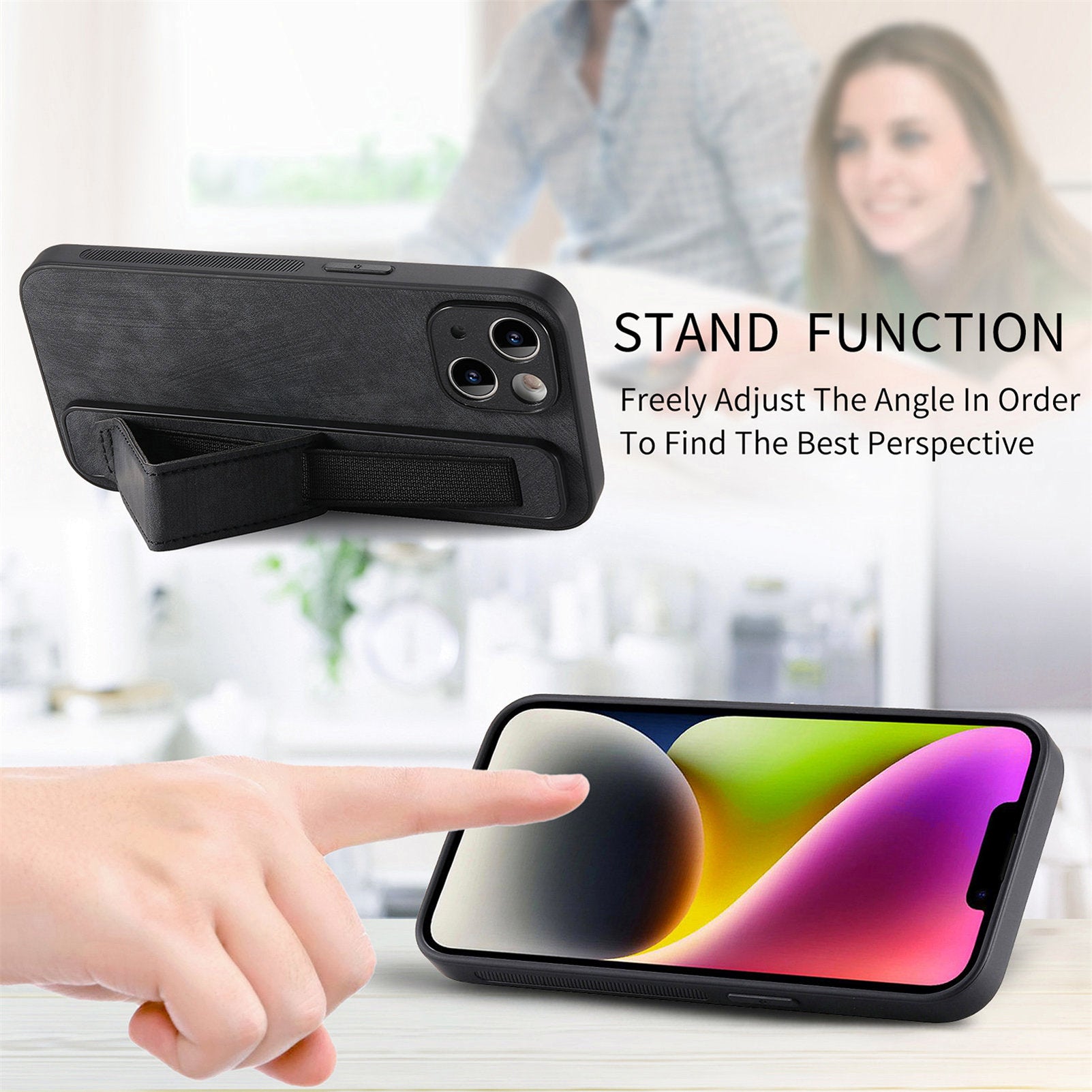 D11 For iPhone 13 6.1 inch Case PU Leather+TPU Wristband Kickstand Phone Cover