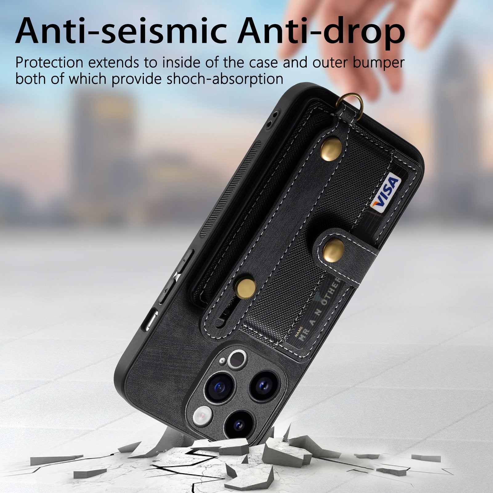 D9 For iPhone 14 Pro Max Case Anti-drop Cross Texture Kickstand Card Holder Phone Cover with Strap