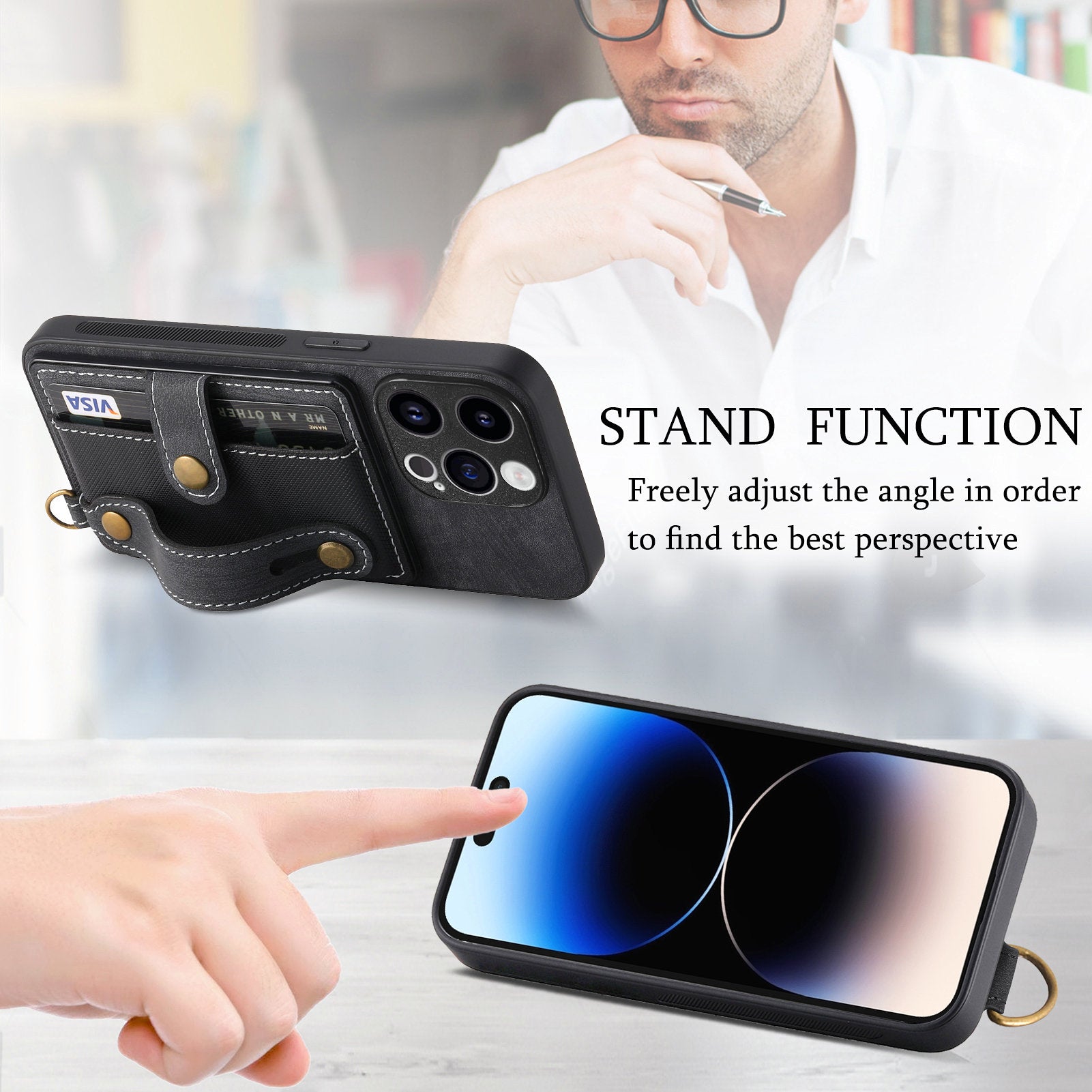 D9 For iPhone 14 Pro Max Case Anti-drop Cross Texture Kickstand Card Holder Phone Cover with Strap
