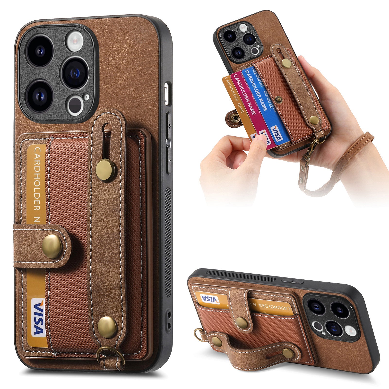 D9 For iPhone 14 Pro Max Case Anti-drop Cross Texture Kickstand Card Holder Phone Cover with Strap