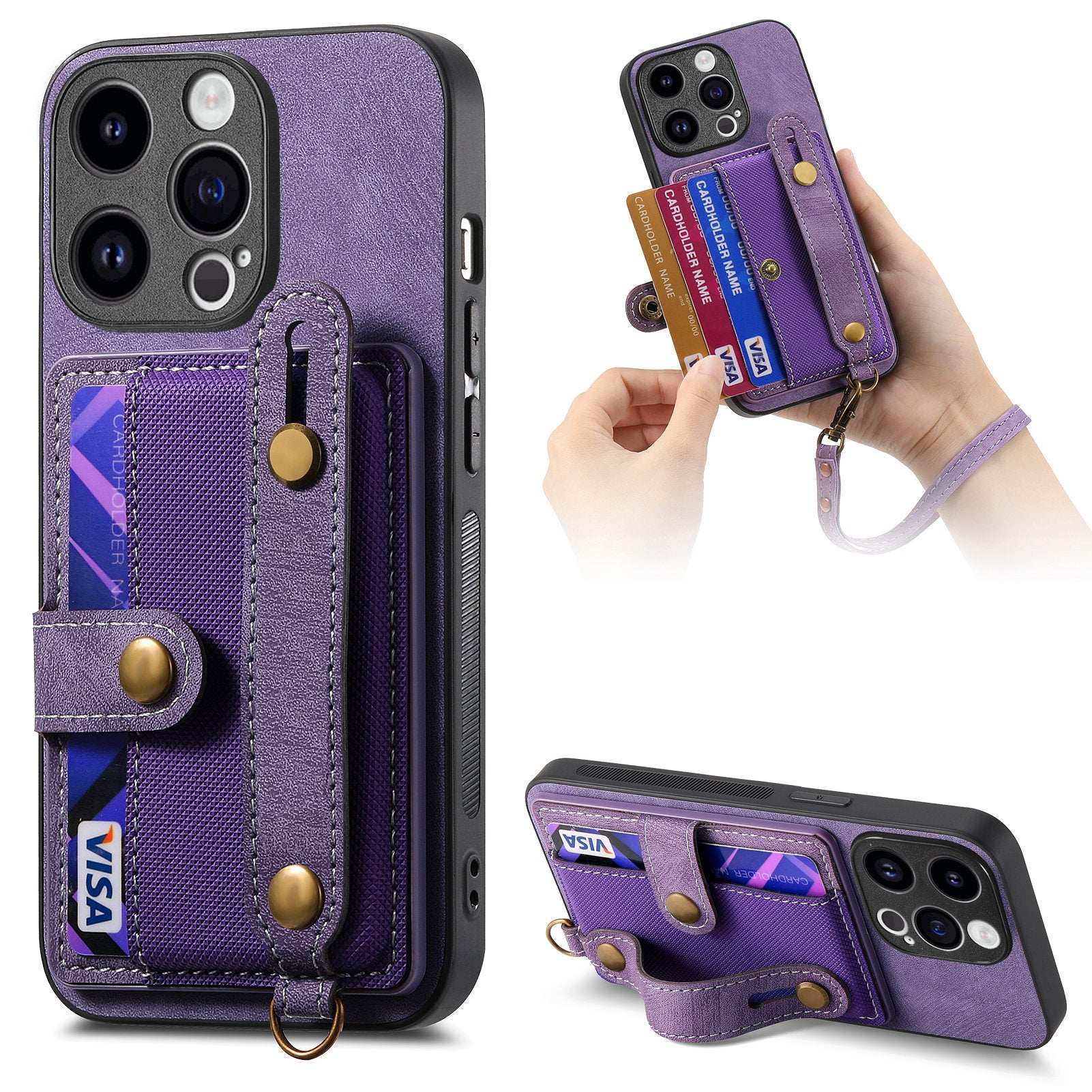 D9 For iPhone 14 Pro Max Case Anti-drop Cross Texture Kickstand Card Holder Phone Cover with Strap