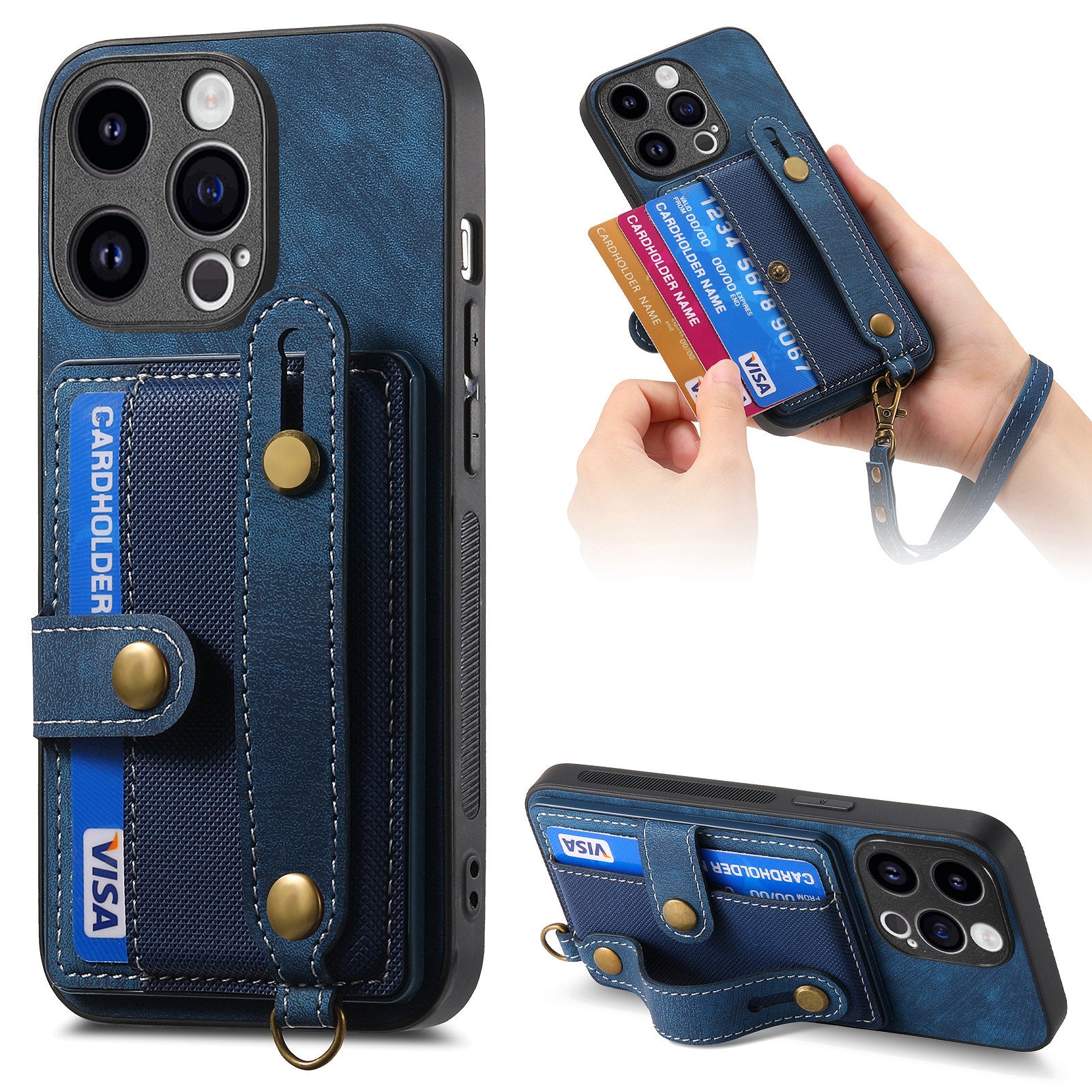 D9 For iPhone 14 Pro Max Case Anti-drop Cross Texture Kickstand Card Holder Phone Cover with Strap
