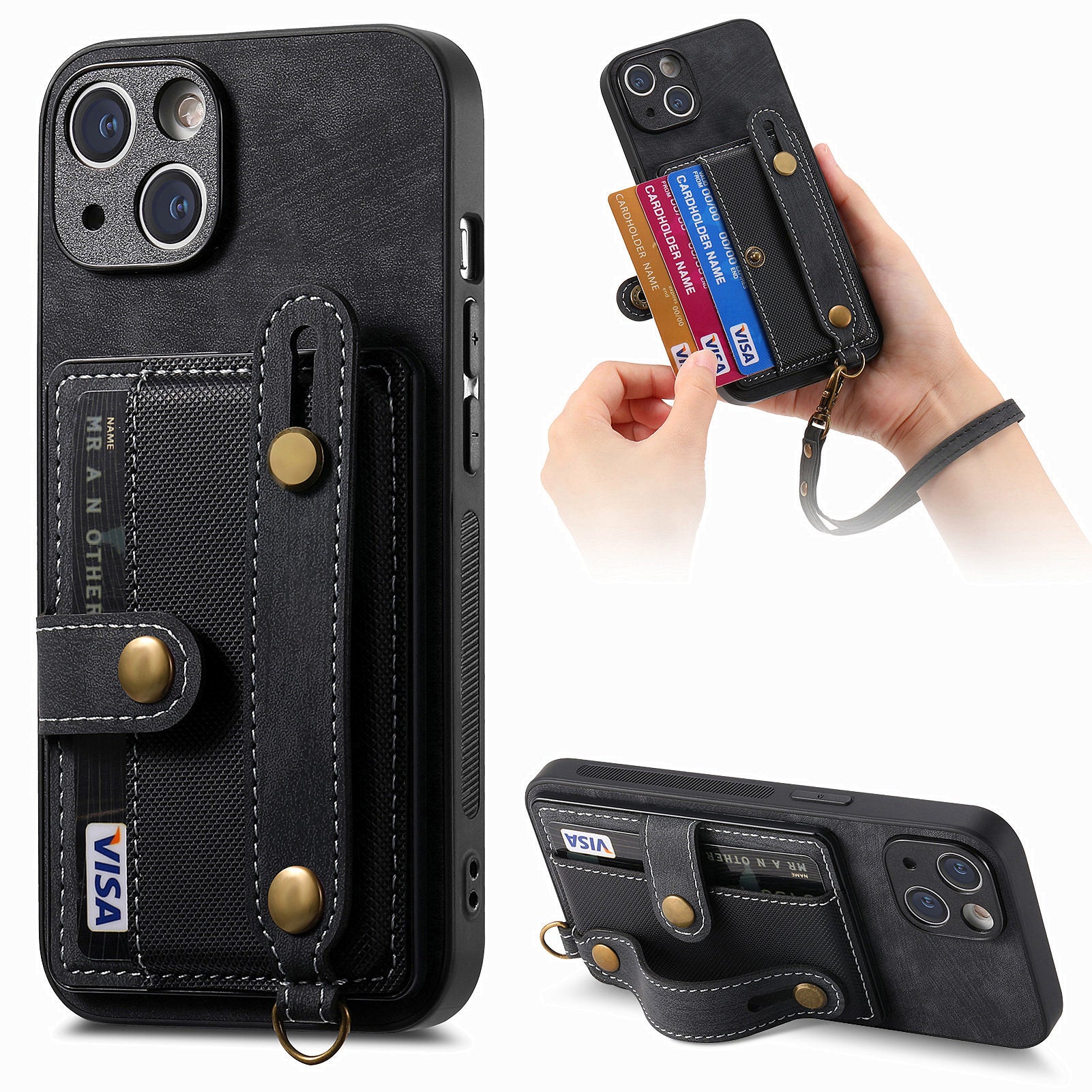 D9 For iPhone 13 Leather Coated Case TPU+PC Cell Phone Back Cover with Strap Card Holder