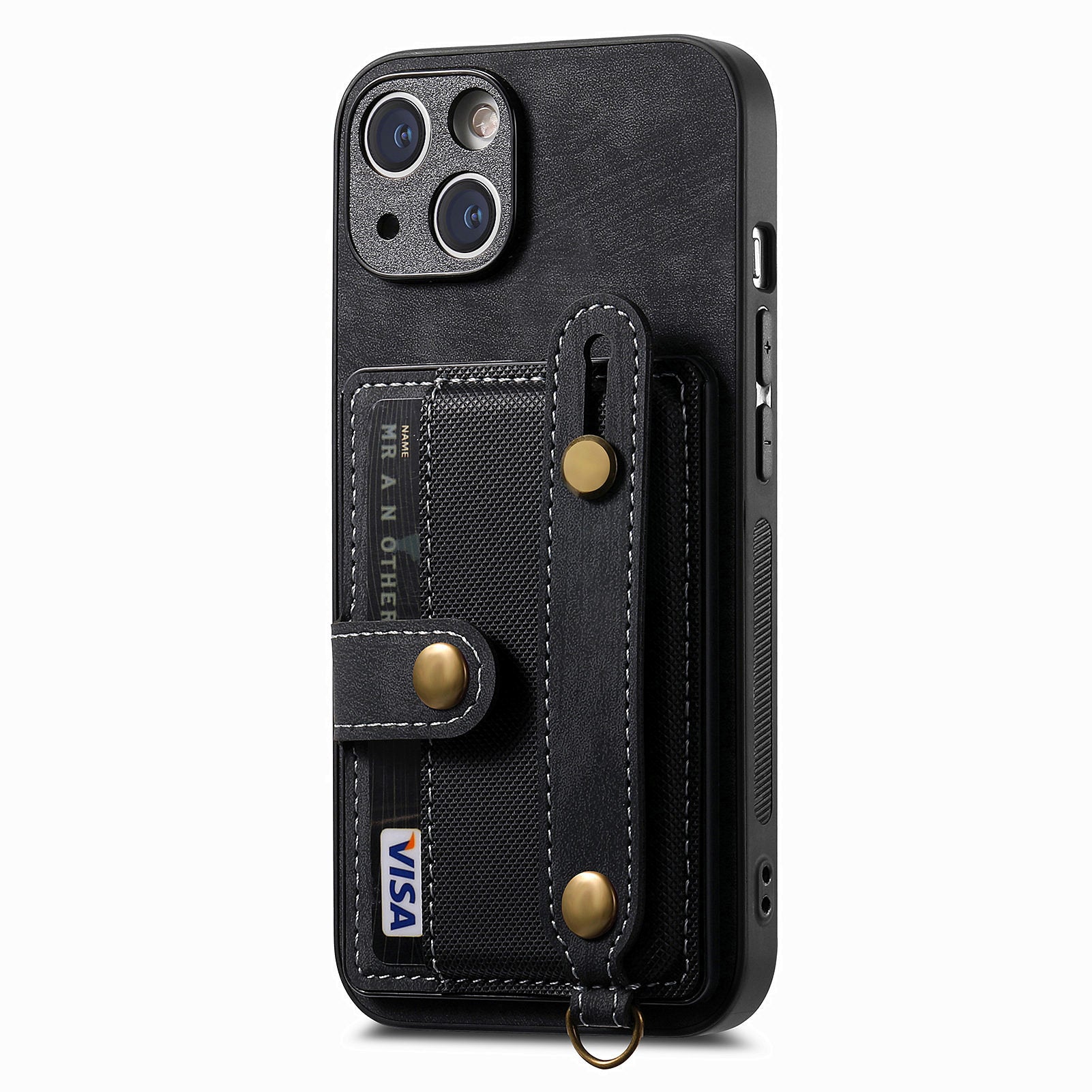 D9 For iPhone 13 Leather Coated Case TPU+PC Cell Phone Back Cover with Strap Card Holder
