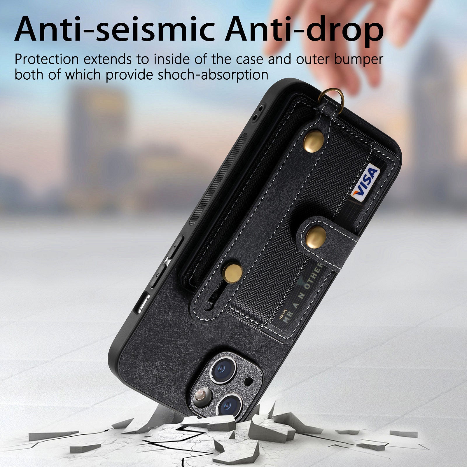D9 For iPhone 13 Leather Coated Case TPU+PC Cell Phone Back Cover with Strap Card Holder
