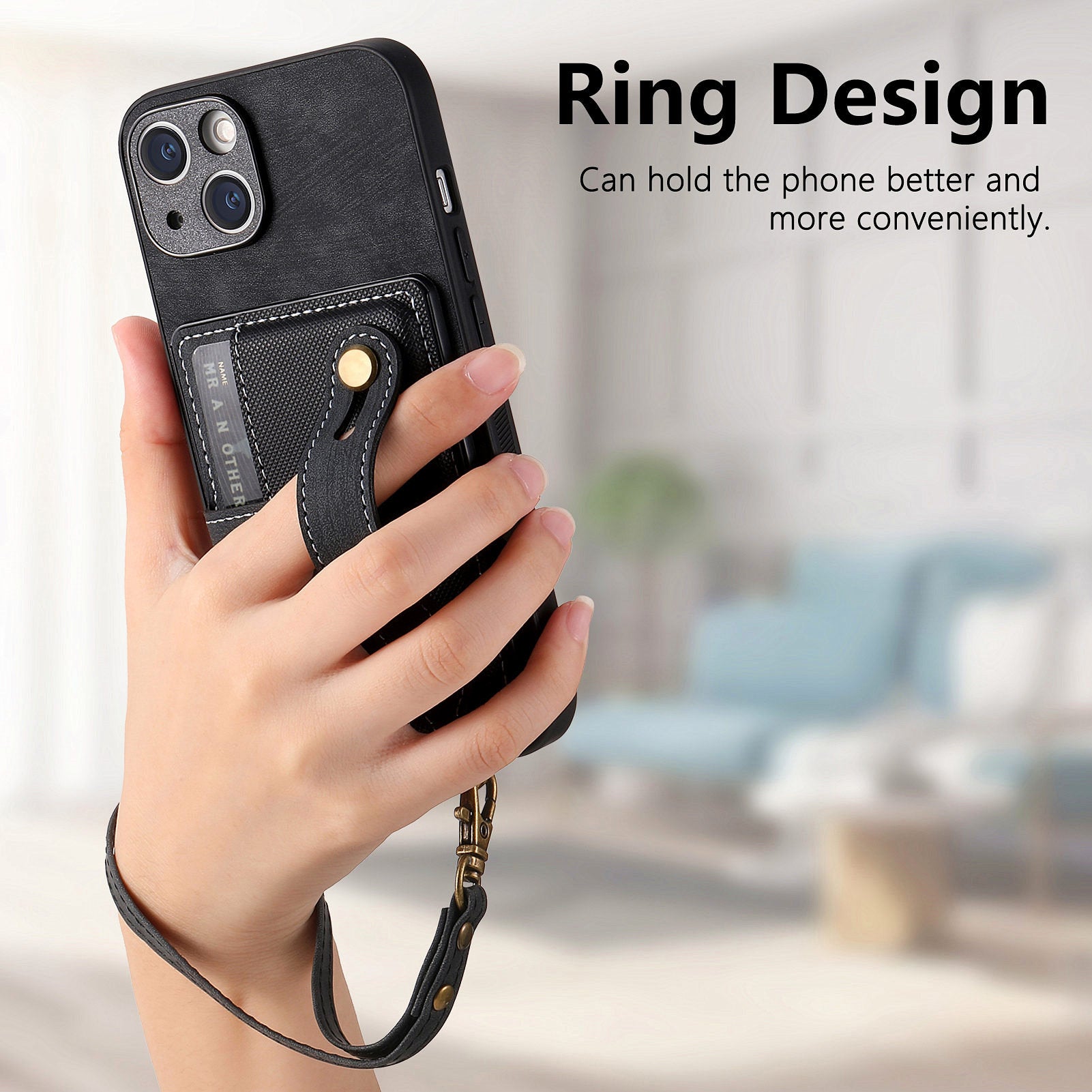 D9 For iPhone 13 Leather Coated Case TPU+PC Cell Phone Back Cover with Strap Card Holder