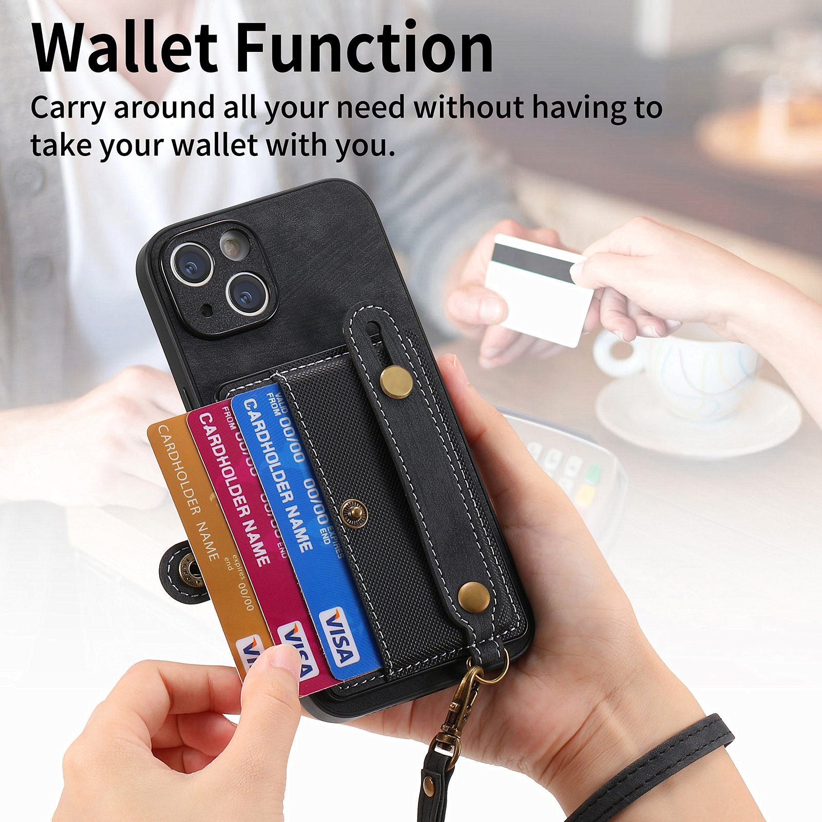 D9 For iPhone 13 Leather Coated Case TPU+PC Cell Phone Back Cover with Strap Card Holder