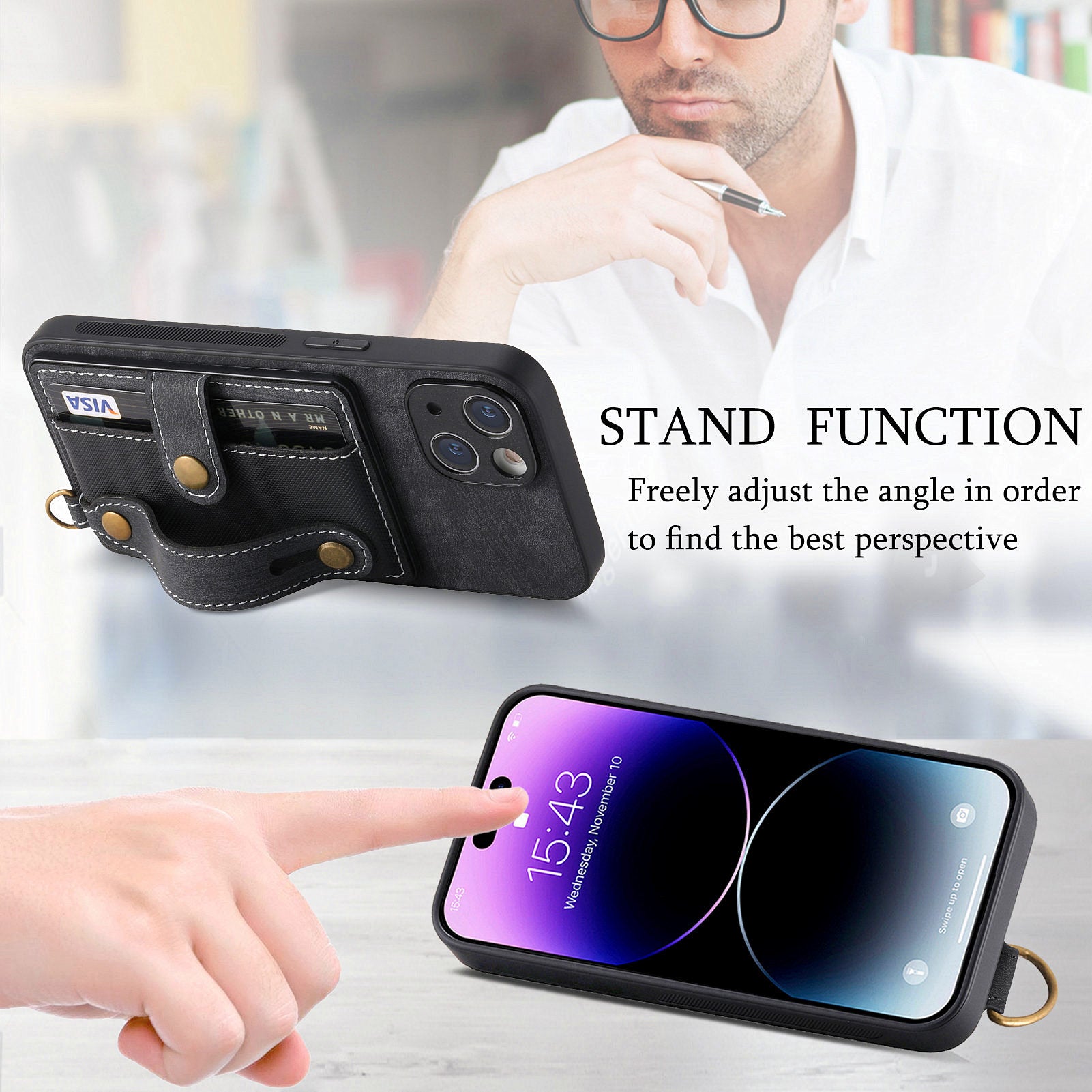 D9 For iPhone 13 Leather Coated Case TPU+PC Cell Phone Back Cover with Strap Card Holder