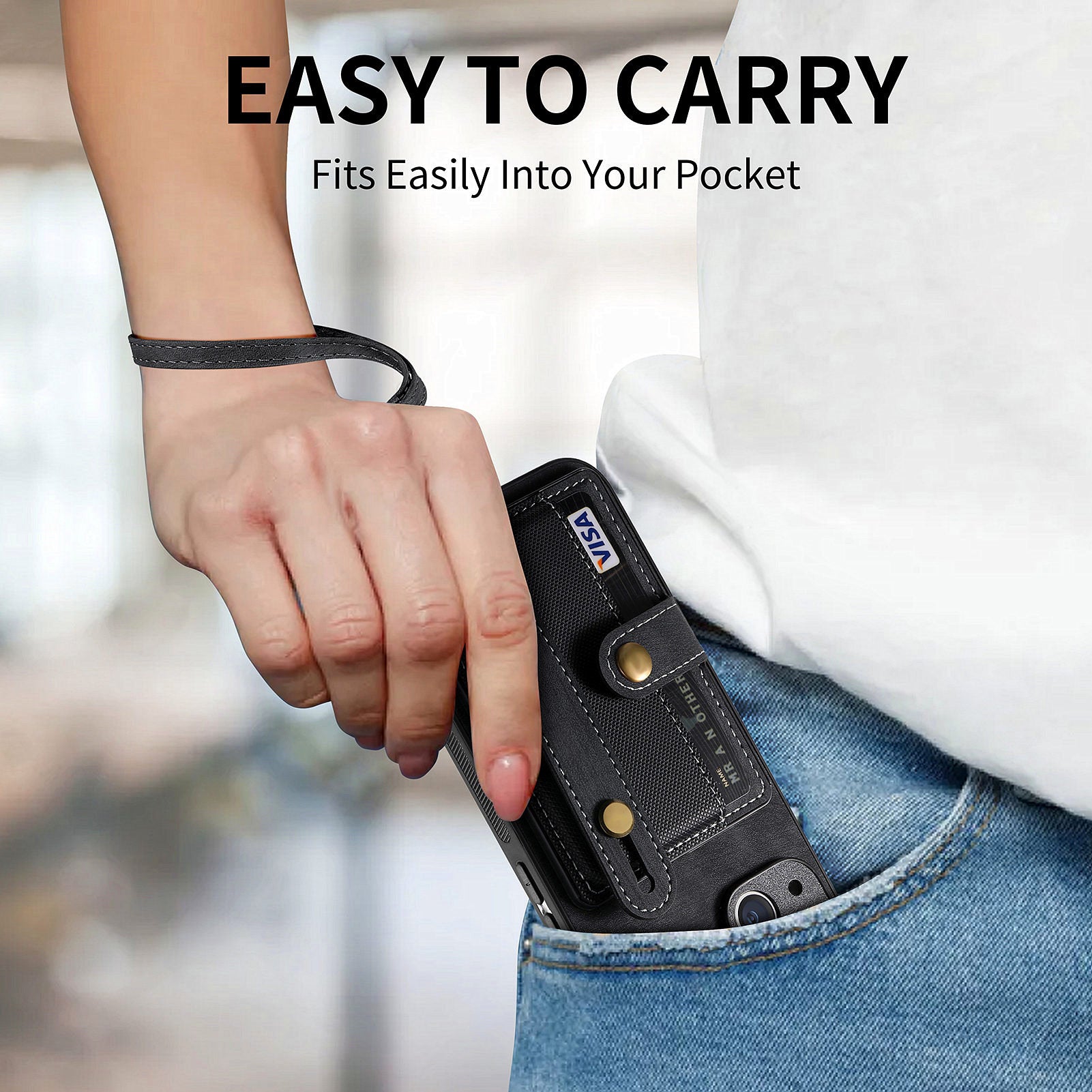 D9 For iPhone 13 Leather Coated Case TPU+PC Cell Phone Back Cover with Strap Card Holder