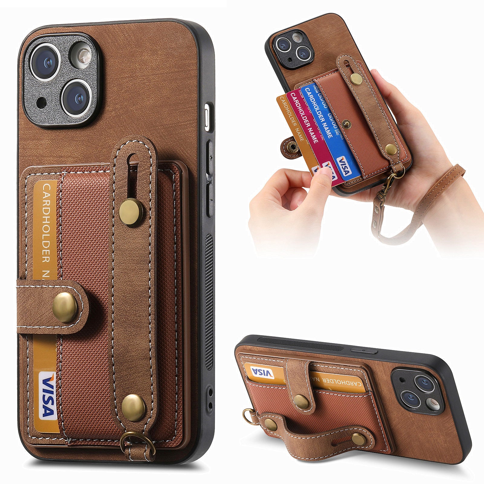 D9 For iPhone 13 Leather Coated Case TPU+PC Cell Phone Back Cover with Strap Card Holder