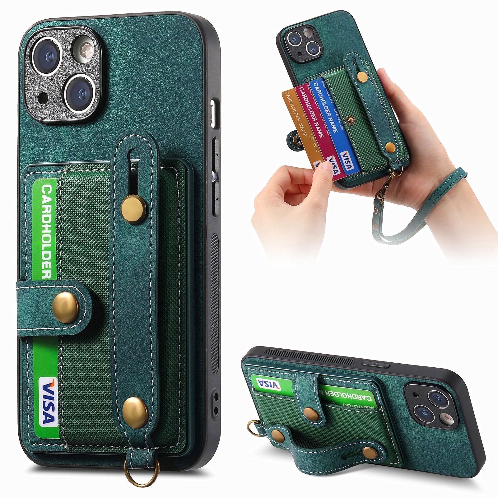 D9 For iPhone 13 Leather Coated Case TPU+PC Cell Phone Back Cover with Strap Card Holder