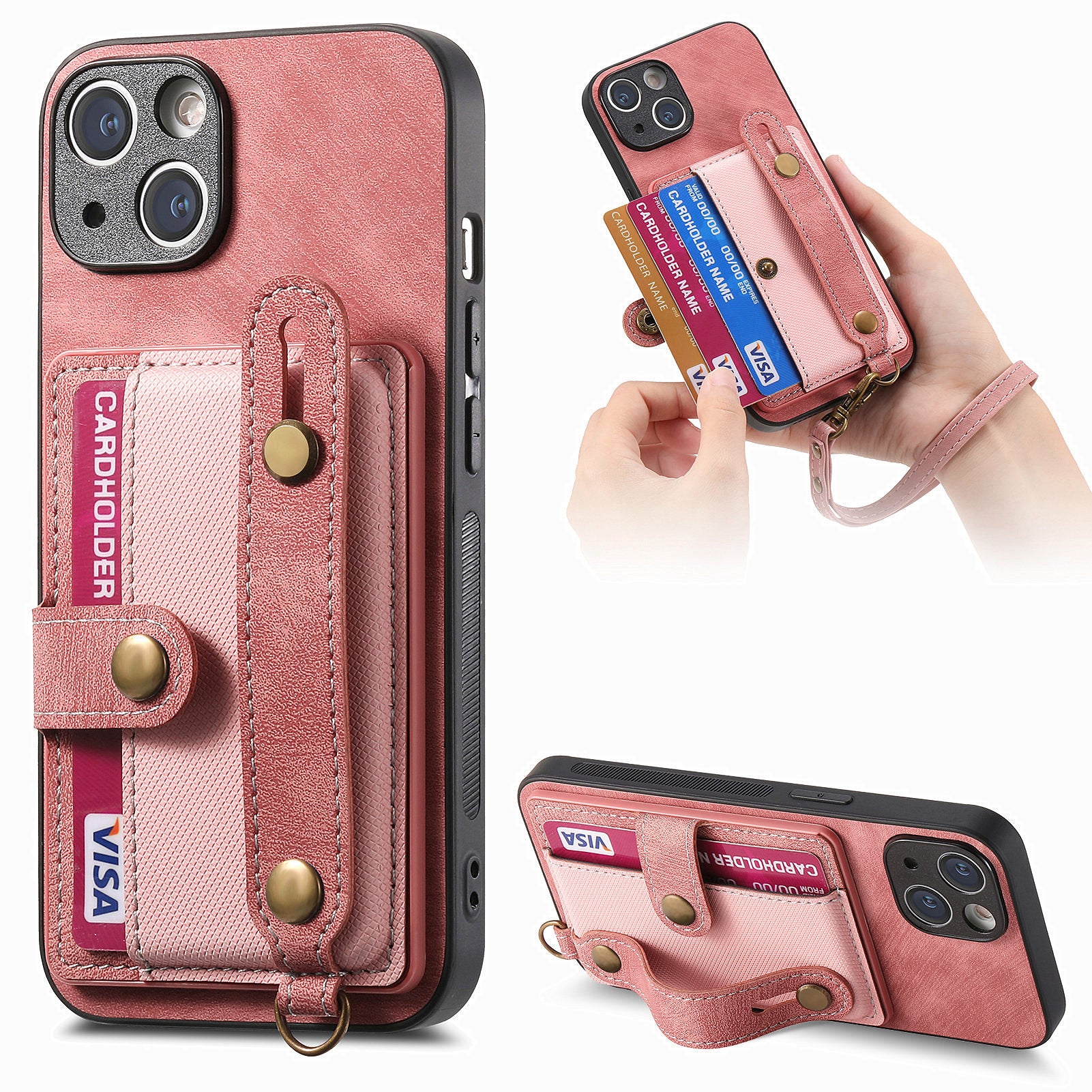D9 For iPhone 13 Leather Coated Case TPU+PC Cell Phone Back Cover with Strap Card Holder