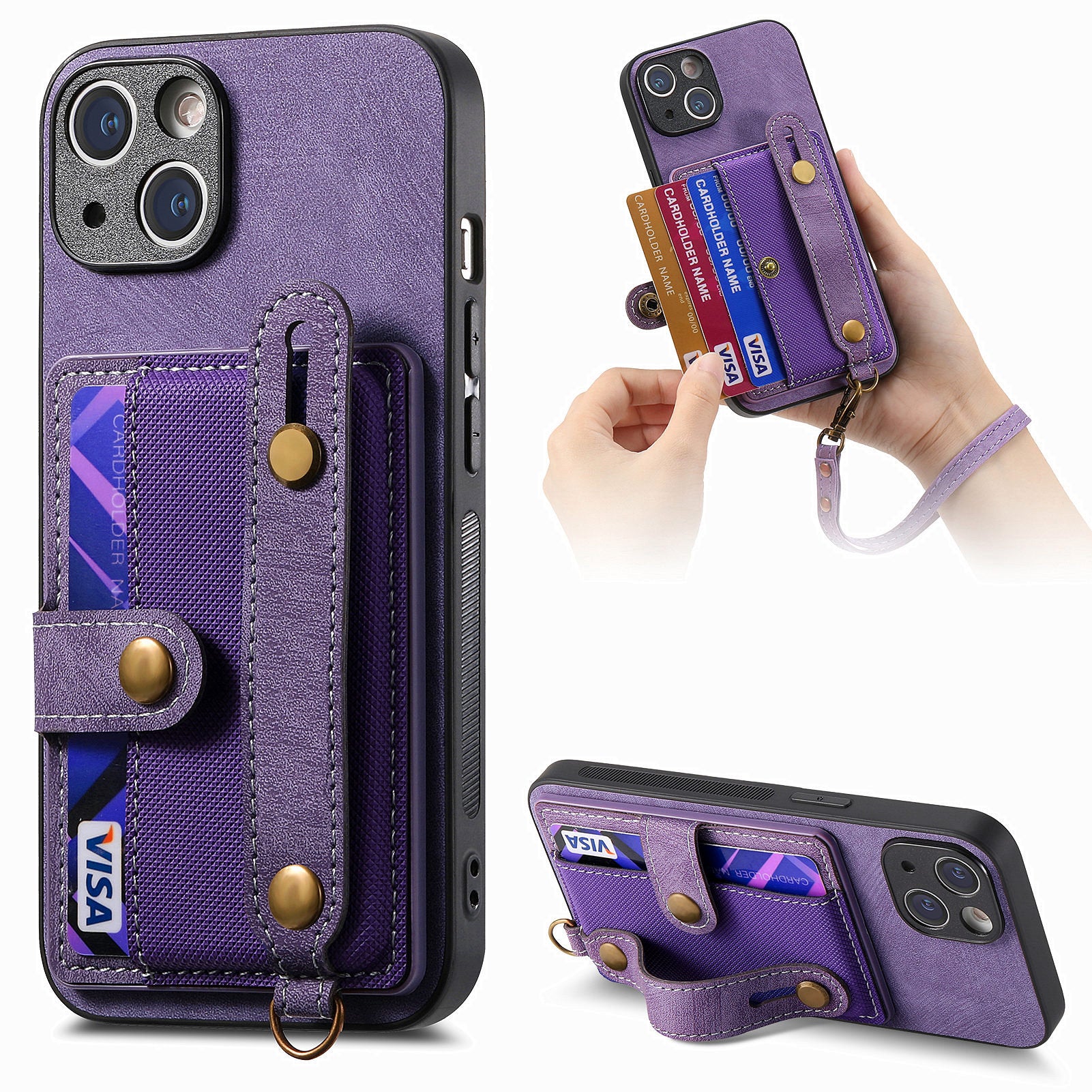 D9 For iPhone 13 Leather Coated Case TPU+PC Cell Phone Back Cover with Strap Card Holder