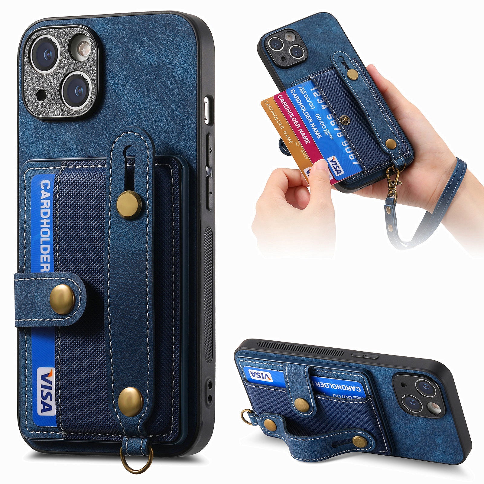 D9 For iPhone 13 Leather Coated Case TPU+PC Cell Phone Back Cover with Strap Card Holder