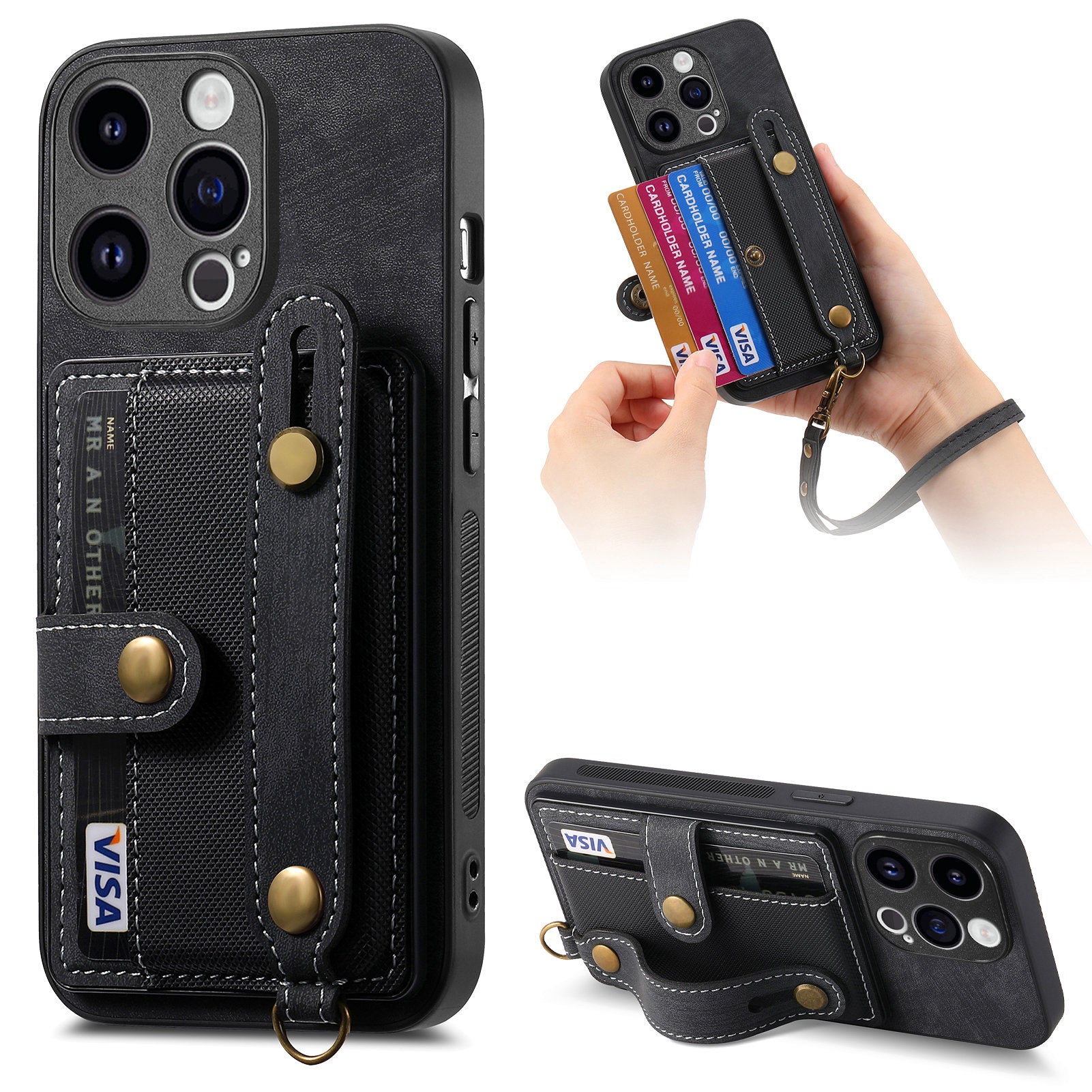 D9 For iPhone 13 Pro Case with Card Holder Leather Coated TPU+PC Wristband Back Cover