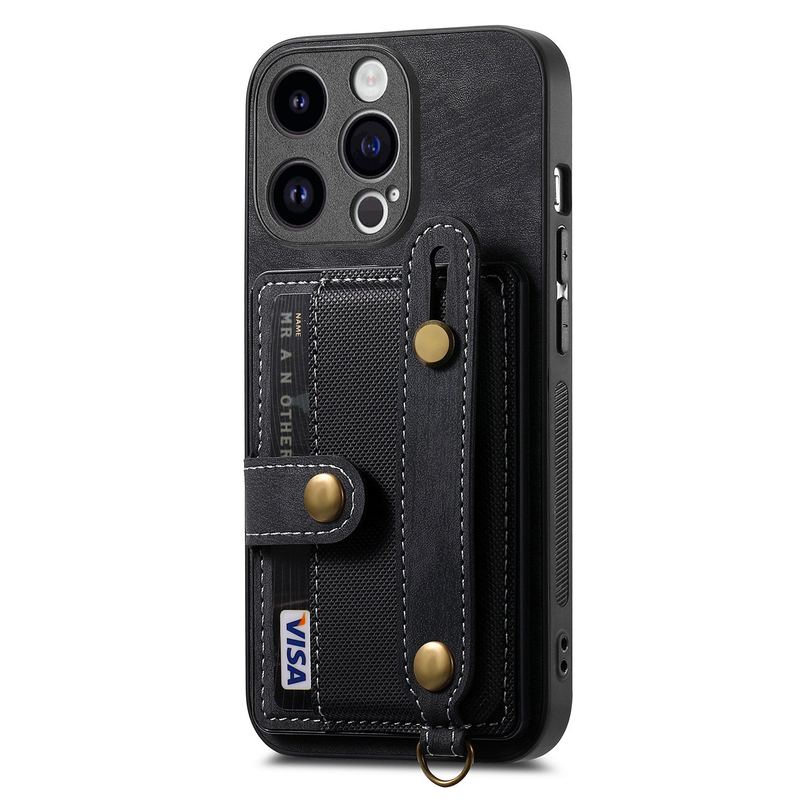 D9 For iPhone 13 Pro Case with Card Holder Leather Coated TPU+PC Wristband Back Cover
