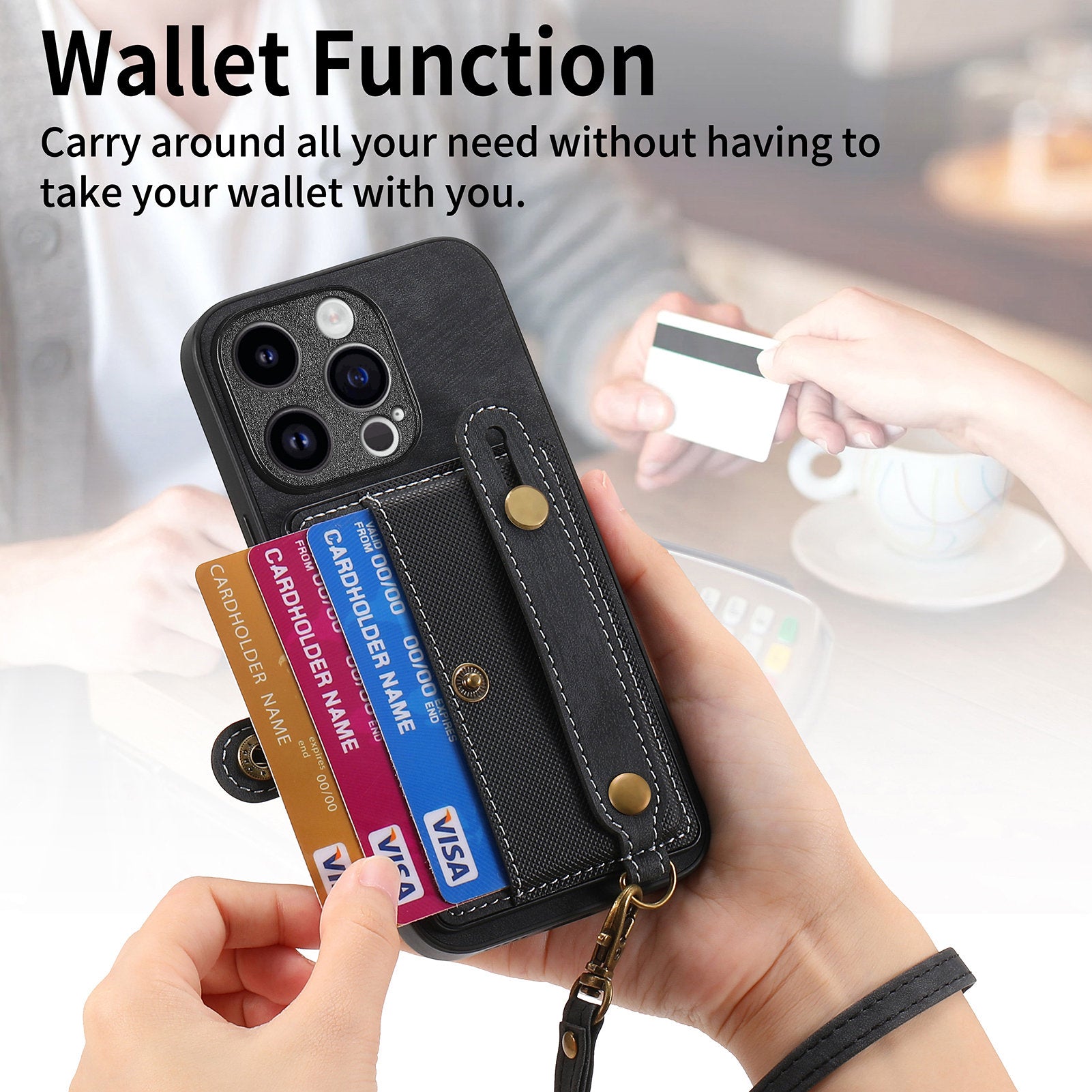 D9 For iPhone 13 Pro Case with Card Holder Leather Coated TPU+PC Wristband Back Cover