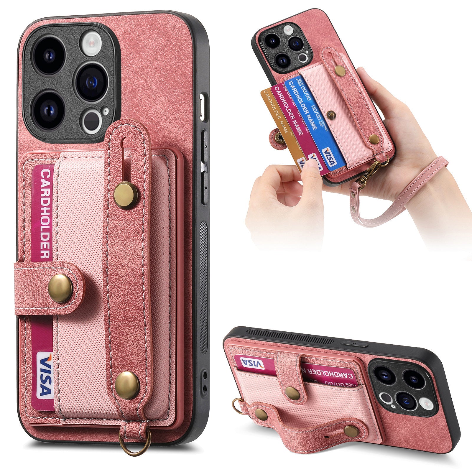 D9 For iPhone 13 Pro Case with Card Holder Leather Coated TPU+PC Wristband Back Cover