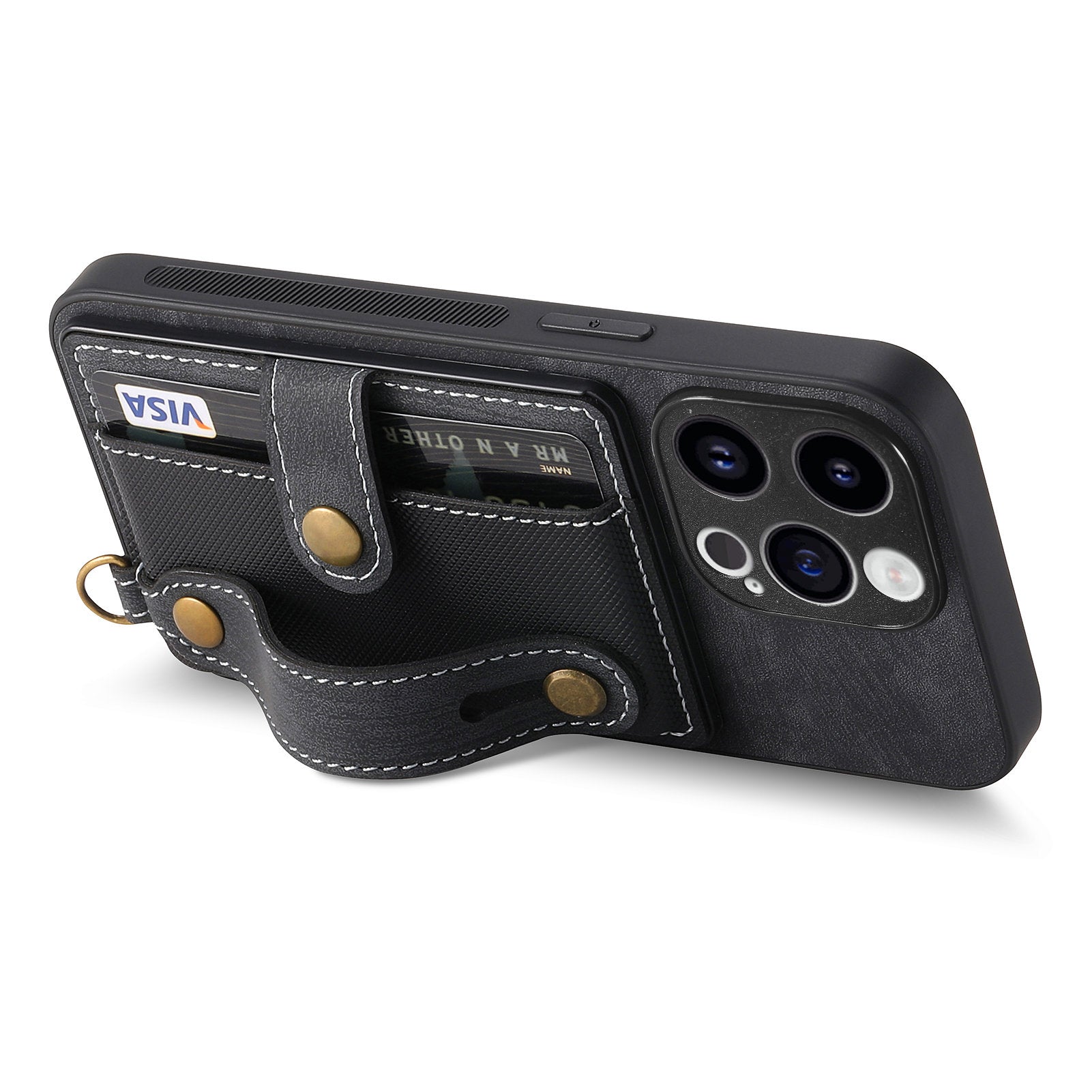 D9 For iPhone 13 Pro Max Case Leather Coated TPU+PC Wristband Back Cover with Card Holder