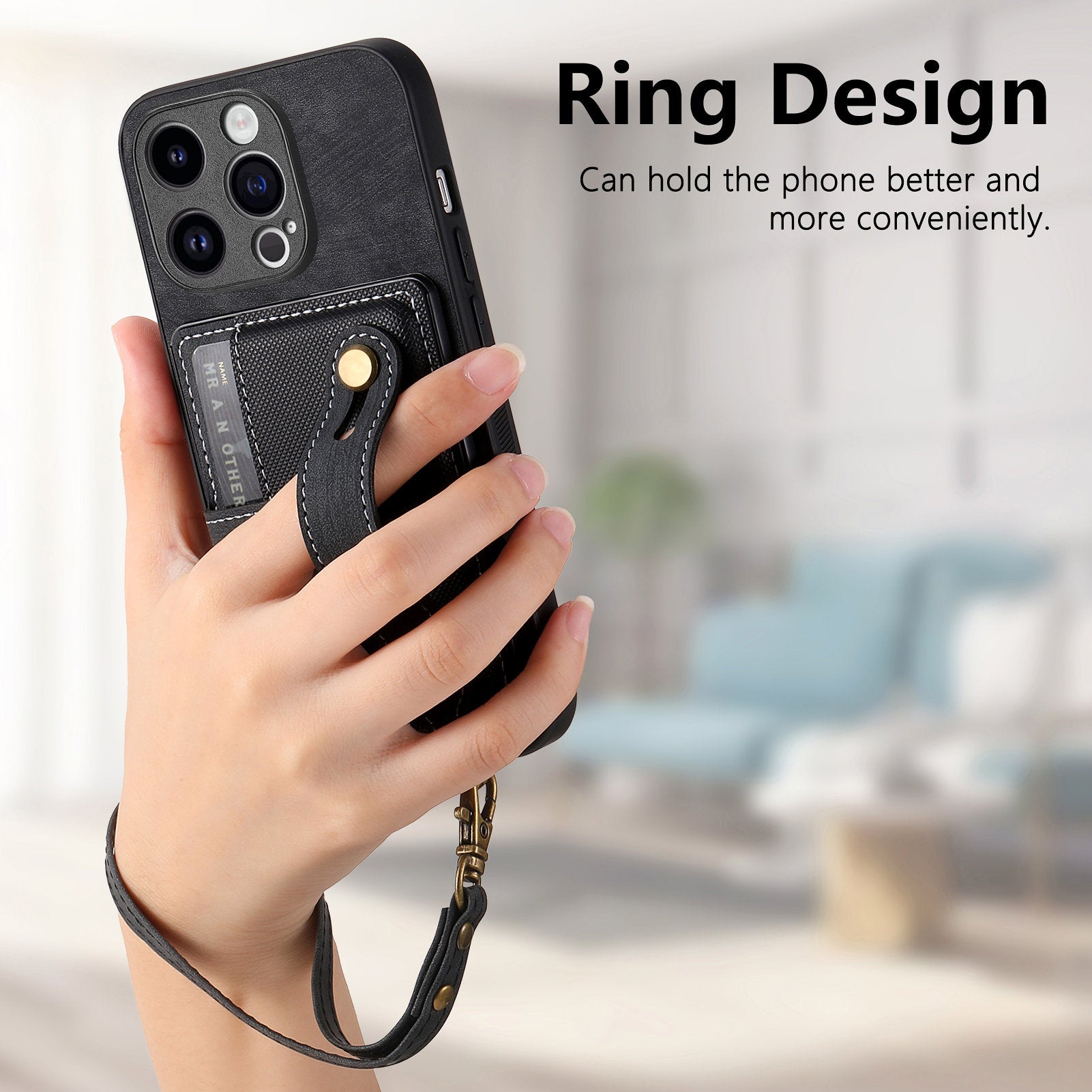 D9 For iPhone 13 Pro Max Case Leather Coated TPU+PC Wristband Back Cover with Card Holder