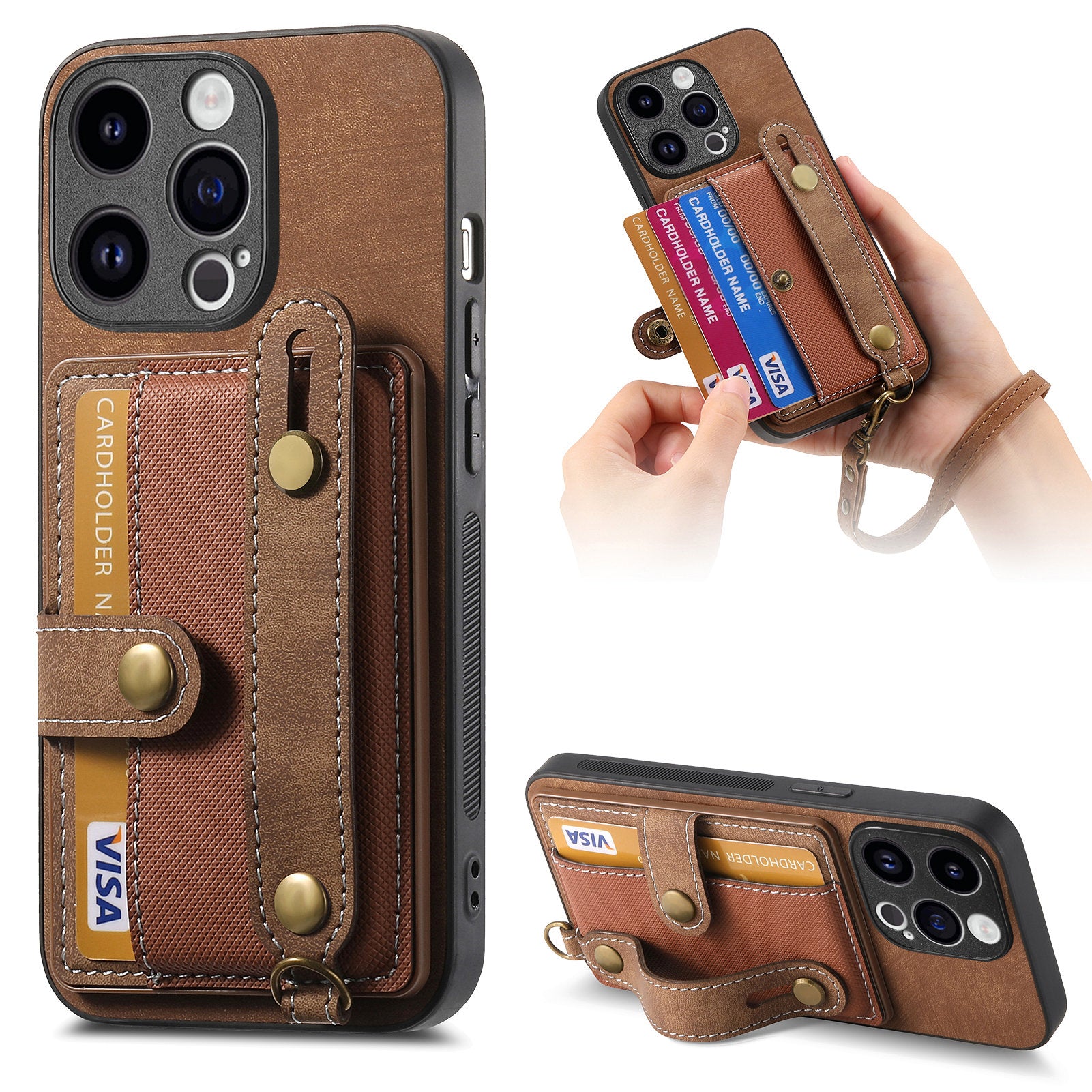 D9 For iPhone 13 Pro Max Case Leather Coated TPU+PC Wristband Back Cover with Card Holder