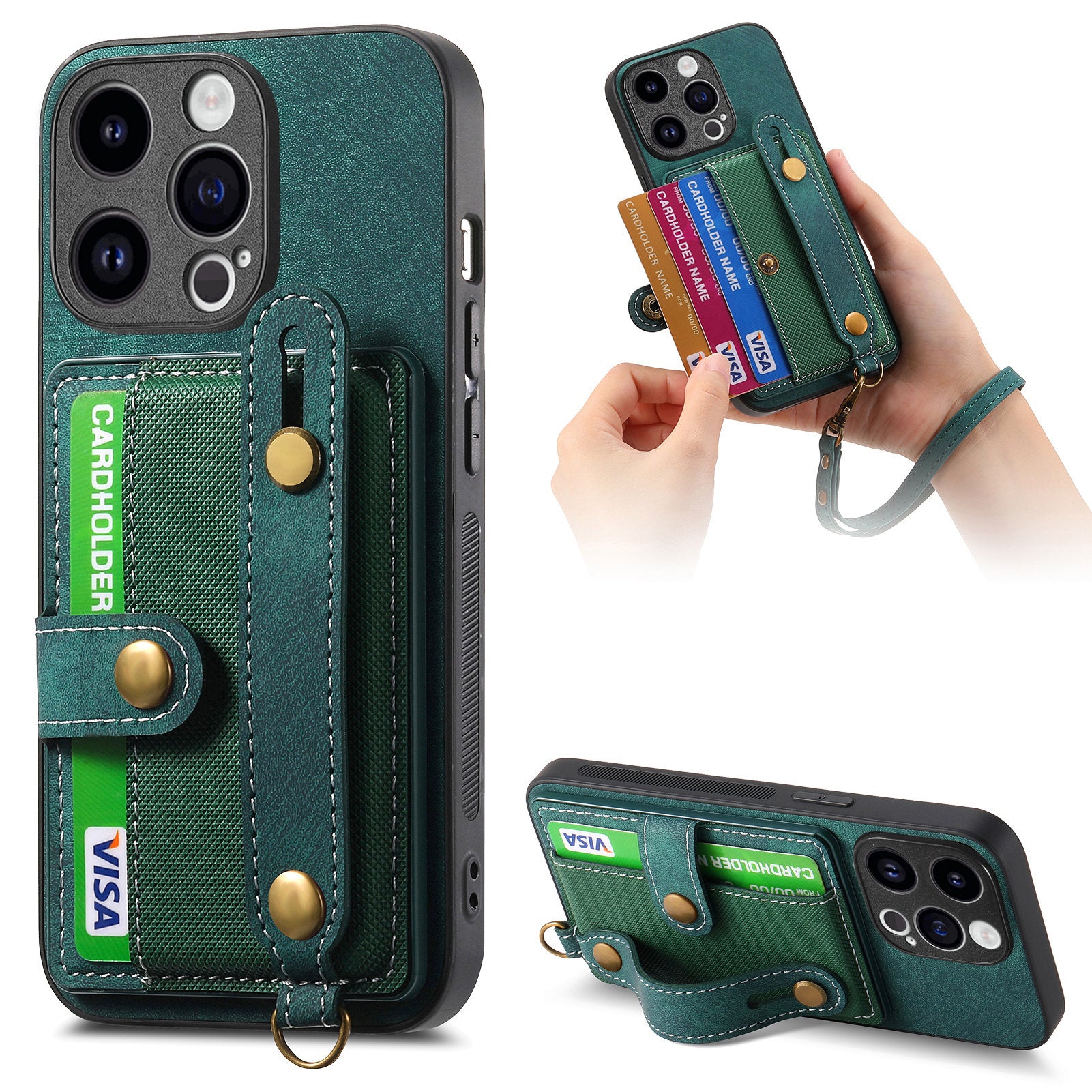 D9 For iPhone 13 Pro Max Case Leather Coated TPU+PC Wristband Back Cover with Card Holder