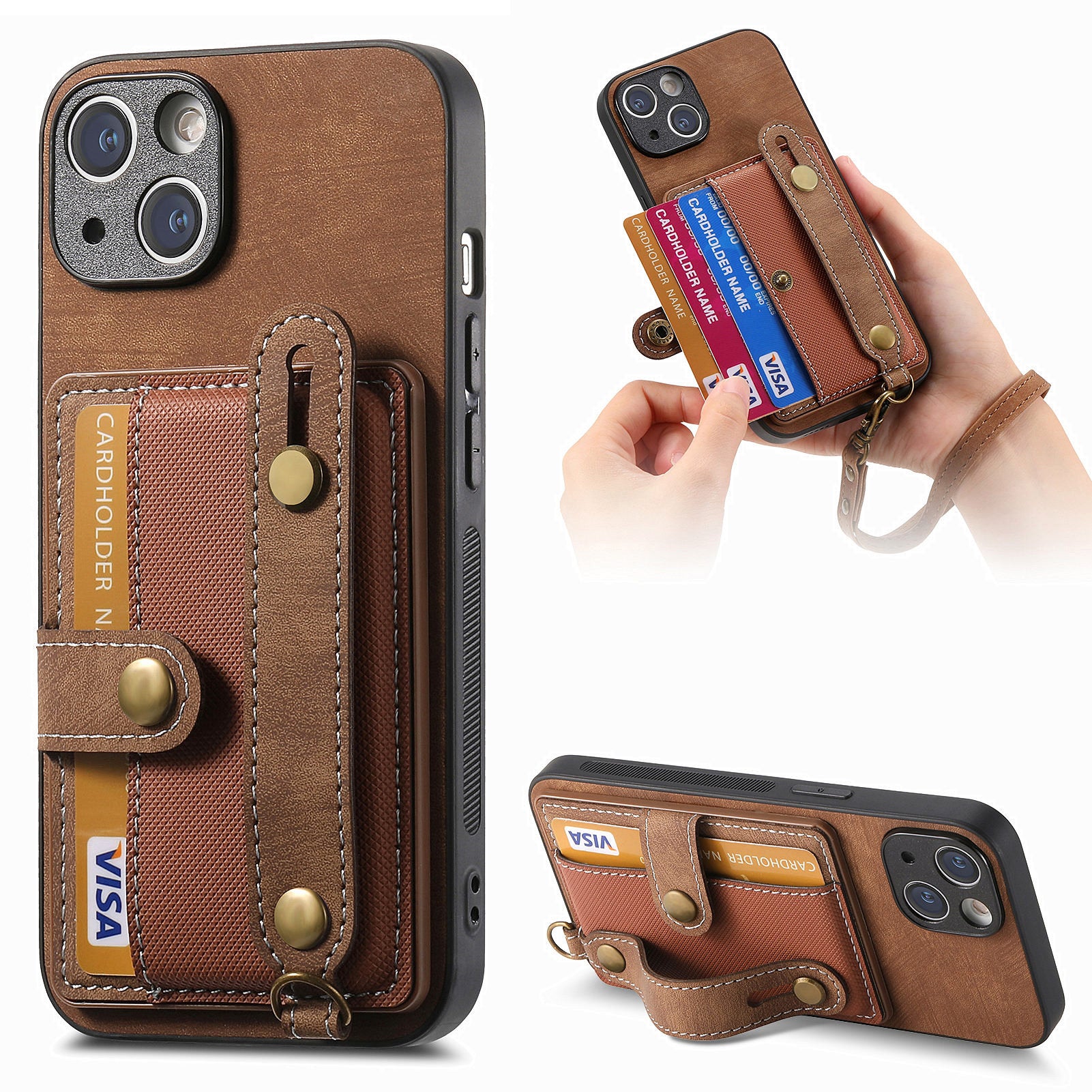 D9 For iPhone 14 Case Wristband PU Leather Vintage Texture Shockproof Cover