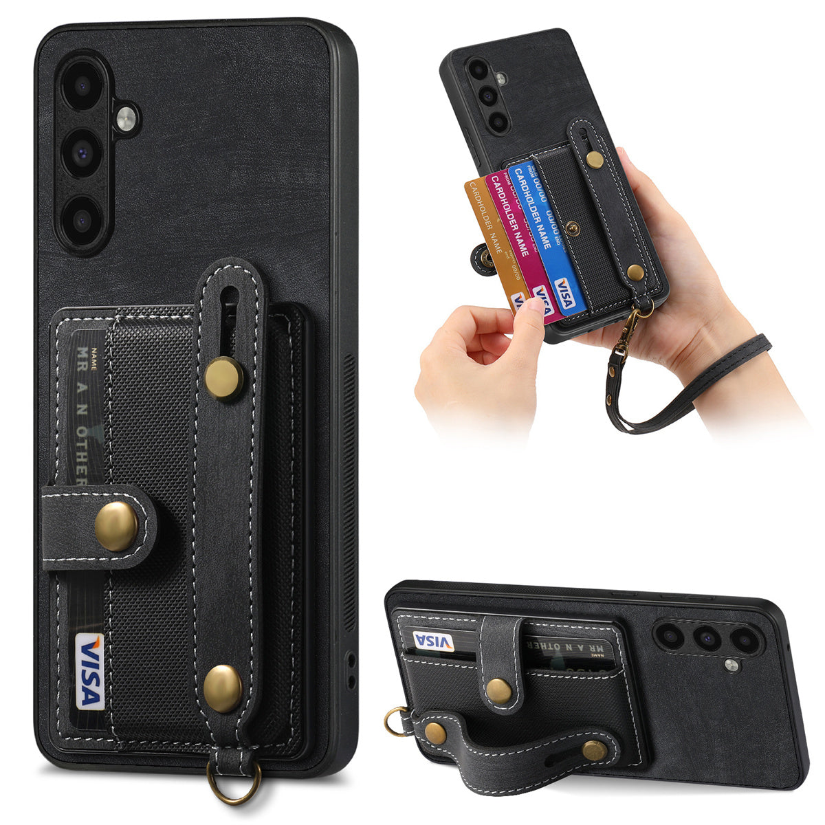 D9 For Samsung Galaxy A15 4G / 5G Case Wristband Kickstand Card Holder Leather Coated Phone Cover