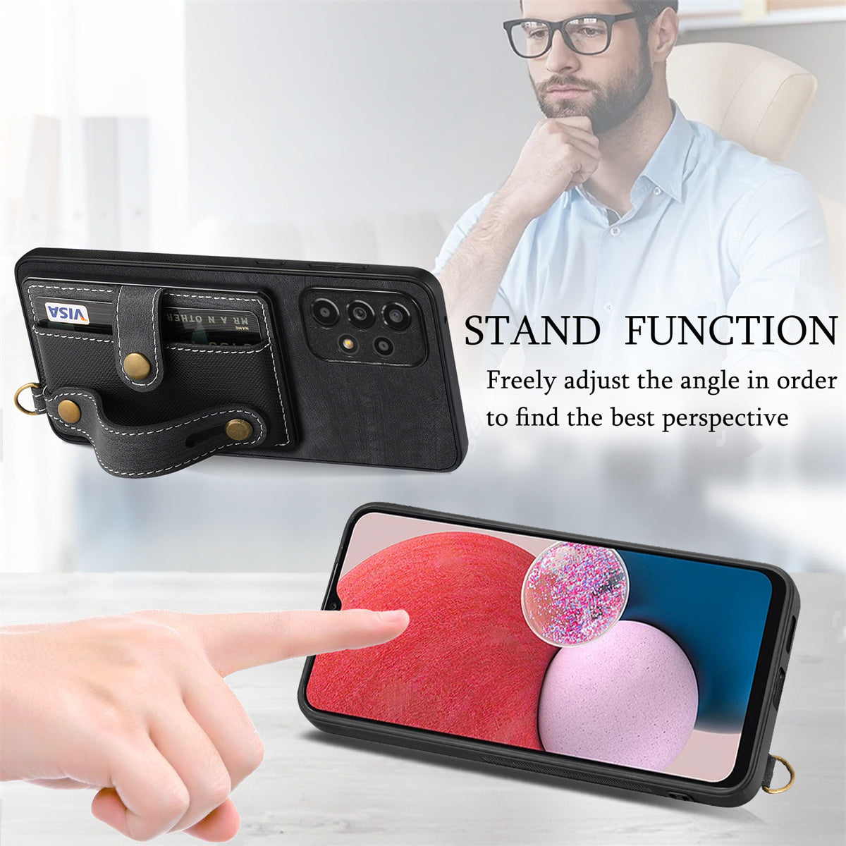 D9 For Samsung Galaxy A13 4G Case Card Holder Design PU Leather Back Cover with Wristband Kickstand