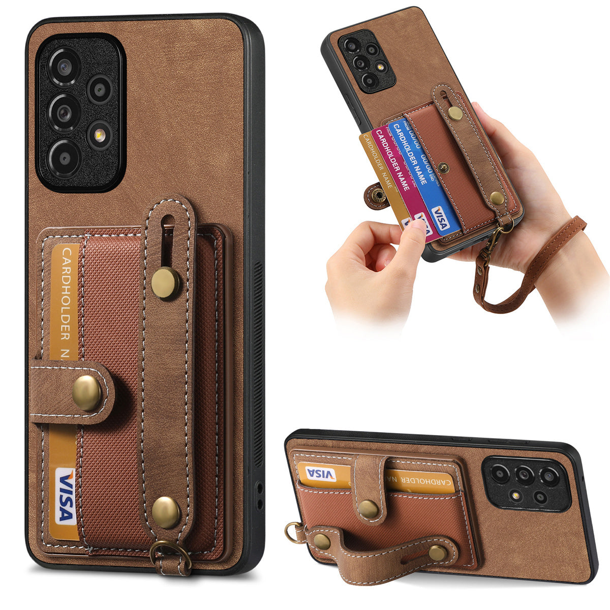 D9 For Samsung Galaxy A13 4G Case Card Holder Design PU Leather Back Cover with Wristband Kickstand