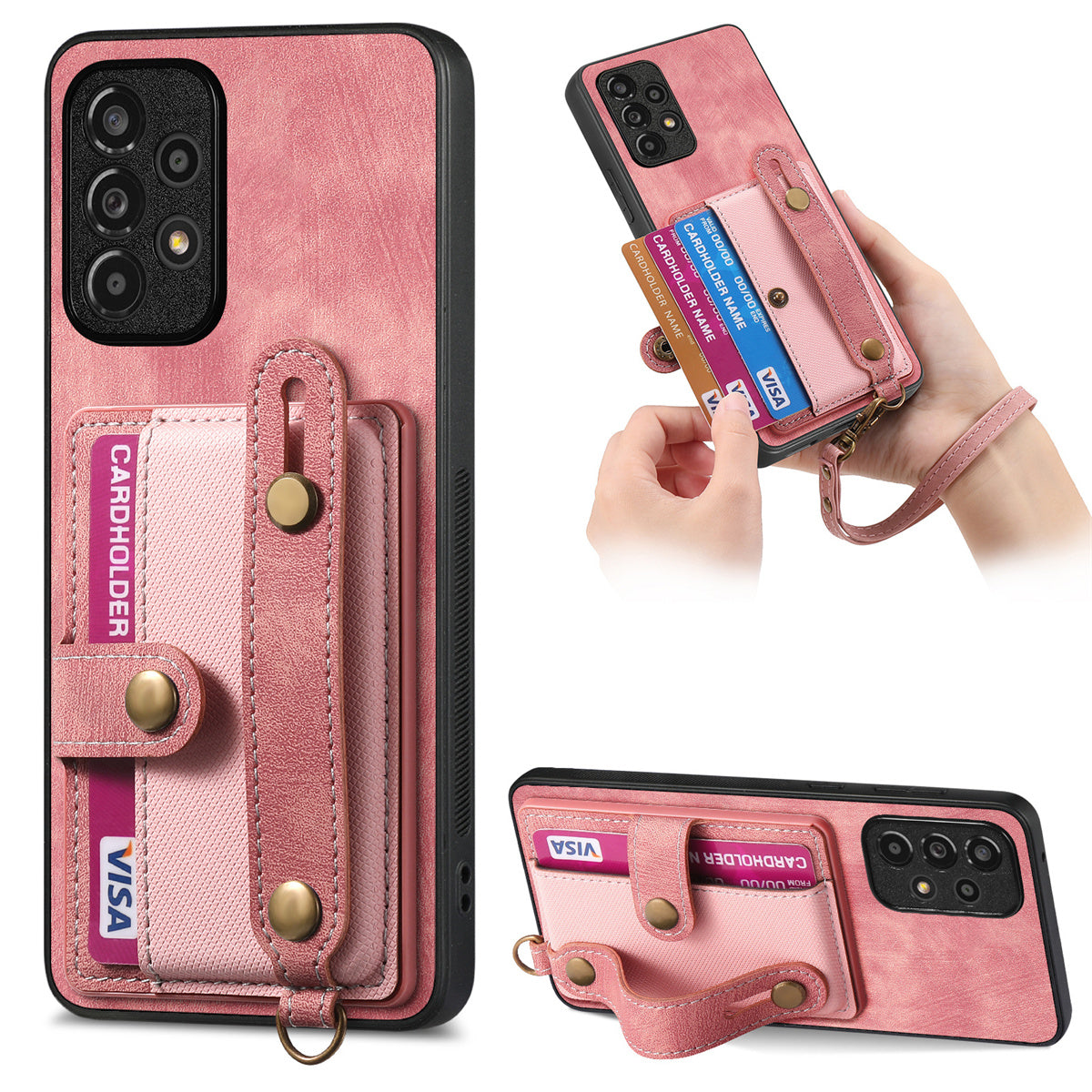 D9 For Samsung Galaxy A13 4G Case Card Holder Design PU Leather Back Cover with Wristband Kickstand