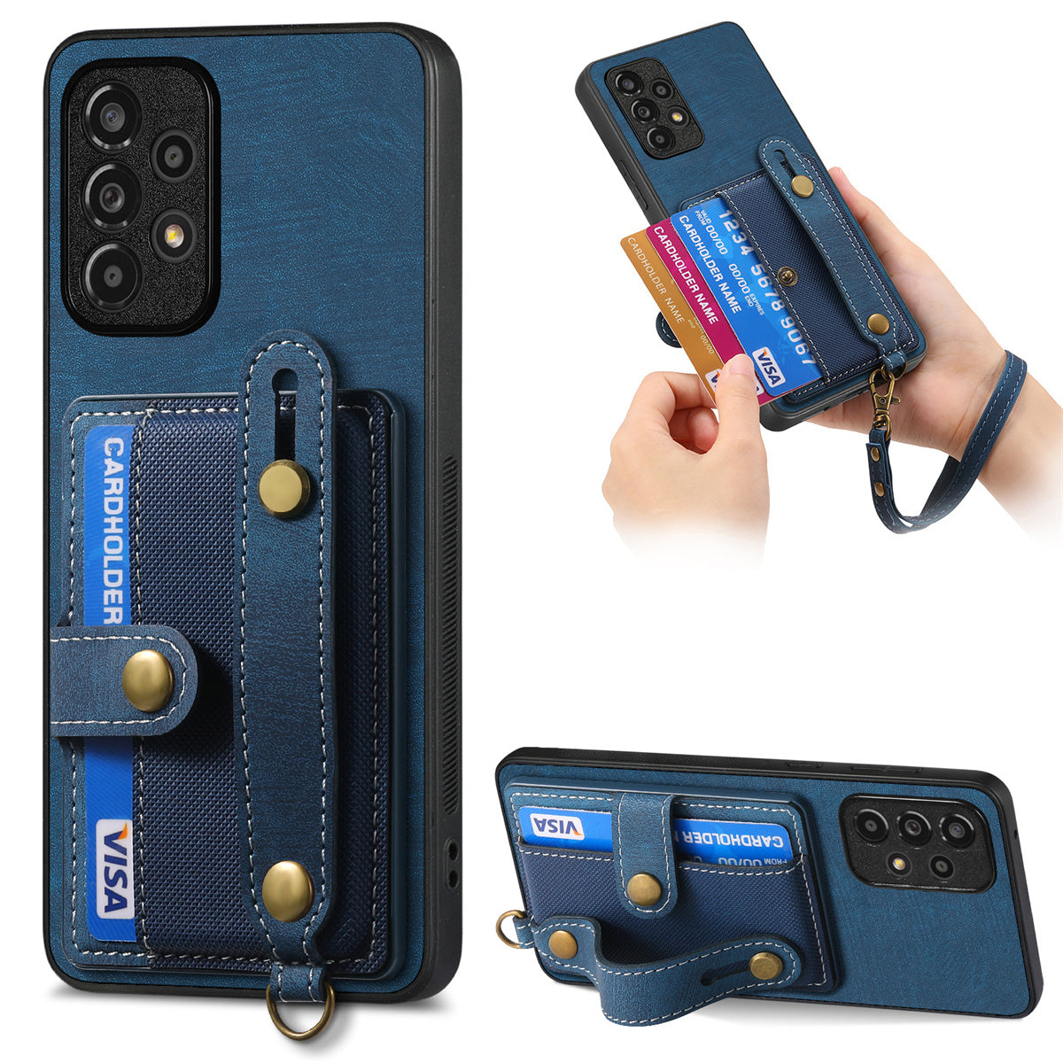 D9 For Samsung Galaxy A13 4G Case Card Holder Design PU Leather Back Cover with Wristband Kickstand